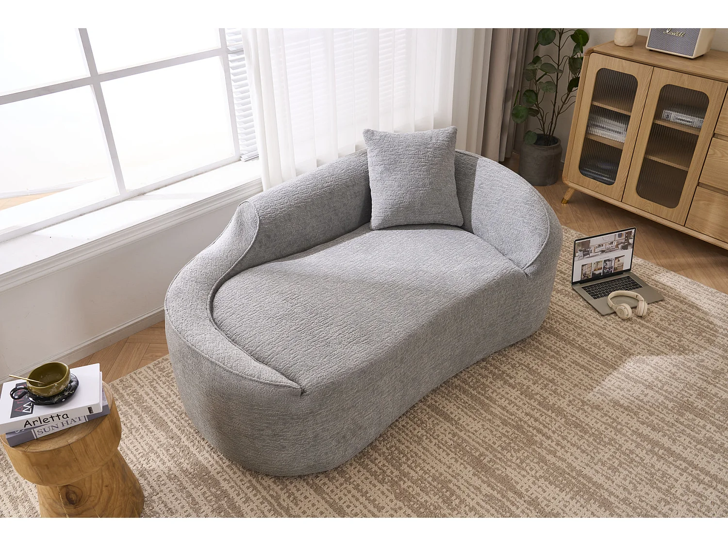 Méridienne arquée en chenille avec coussin – ​​Gris