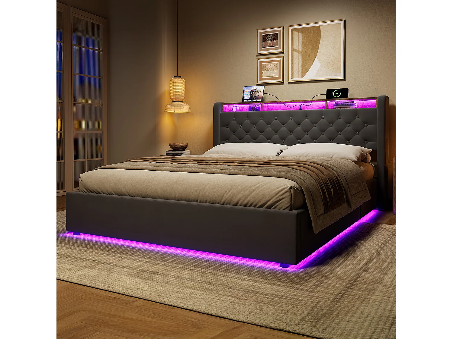 Letto contenitore per adulti 160x200 cm con contenitore e presa di corrente - Letto matrimoniale in velluto grigio
