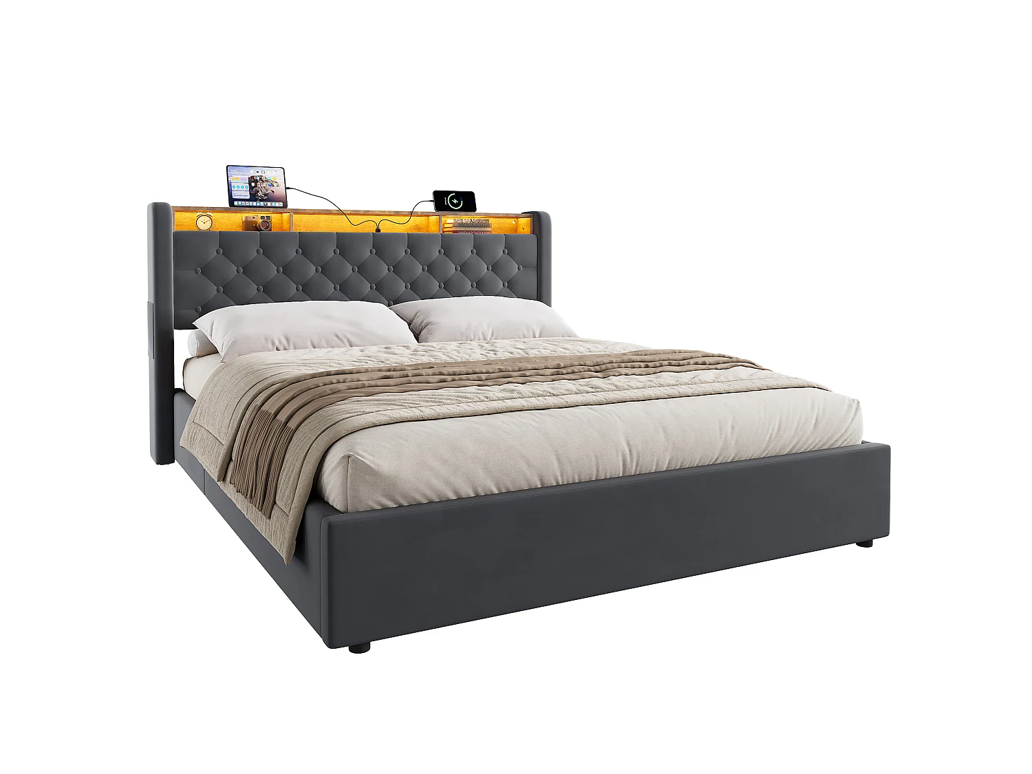 Letto contenitore per adulti 160x200 cm con contenitore e presa di corrente - Letto matrimoniale in velluto grigio