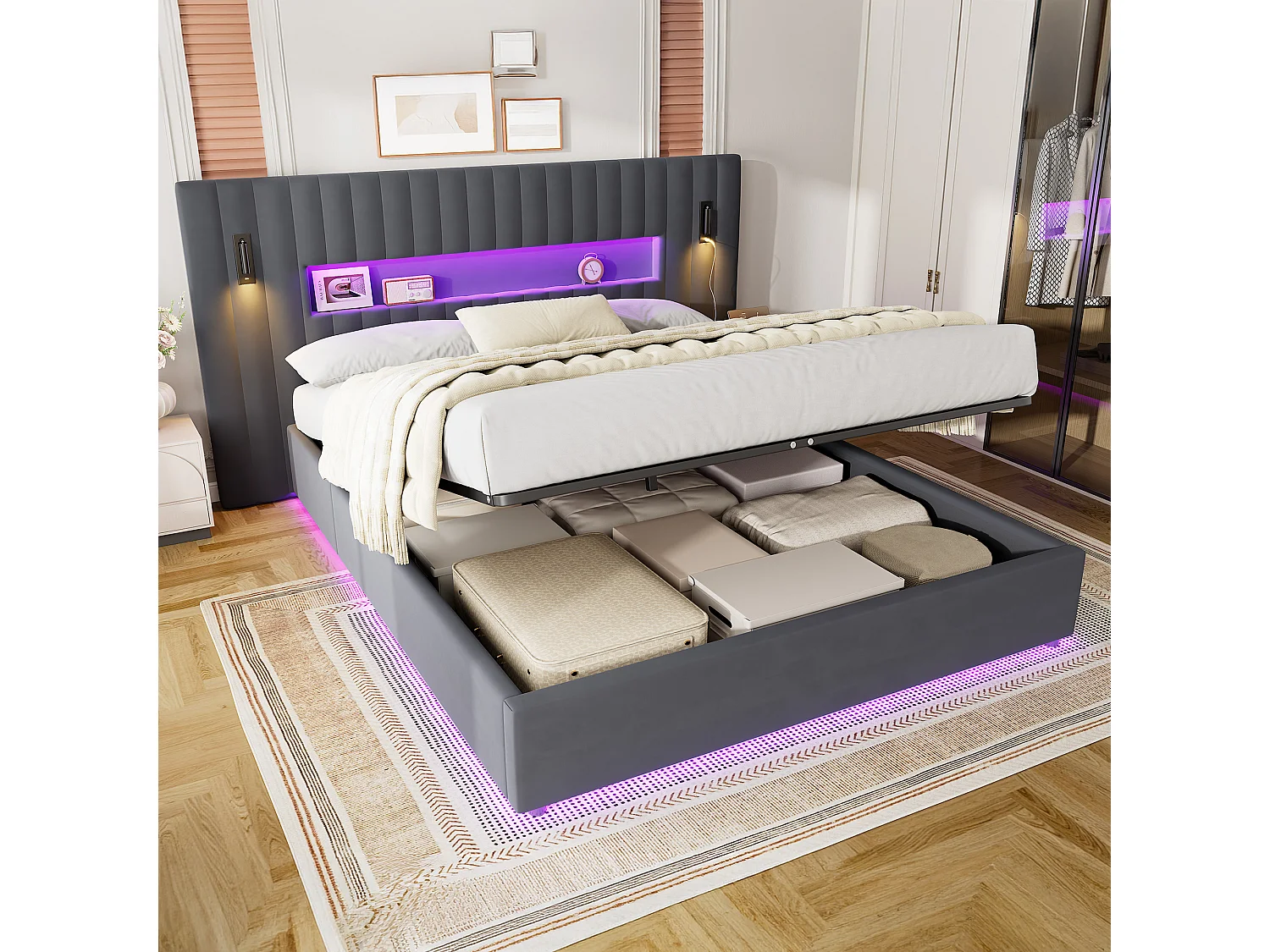 Letto contenitore 180 x 200 cm in velluto con luci da lettura e porte USB - Letto matrimoniale grigio