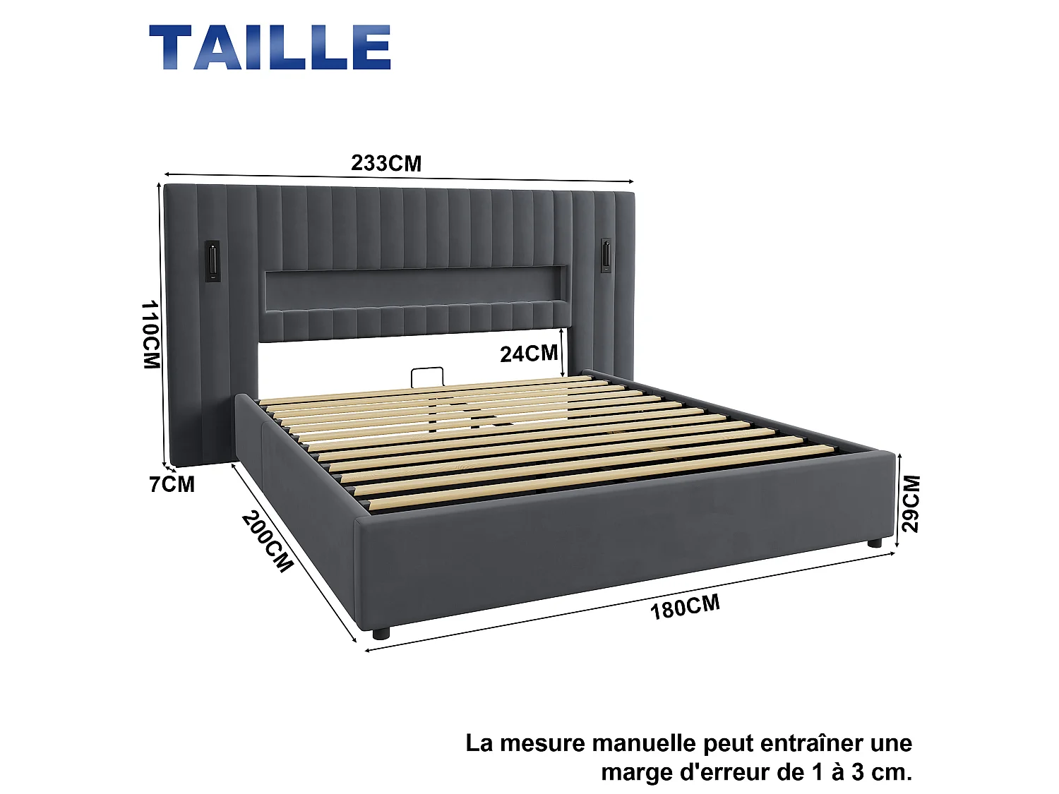 Letto contenitore 180 x 200 cm in velluto con luci da lettura e porte USB - Letto matrimoniale grigio