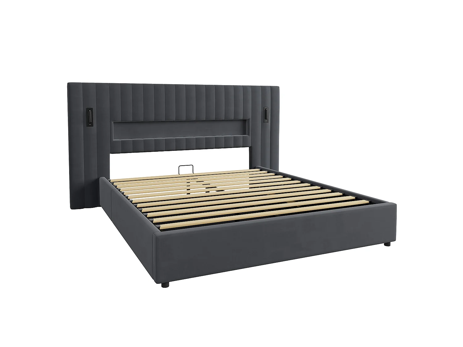 Letto contenitore 180 x 200 cm in velluto con luci da lettura e porte USB - Letto matrimoniale grigio