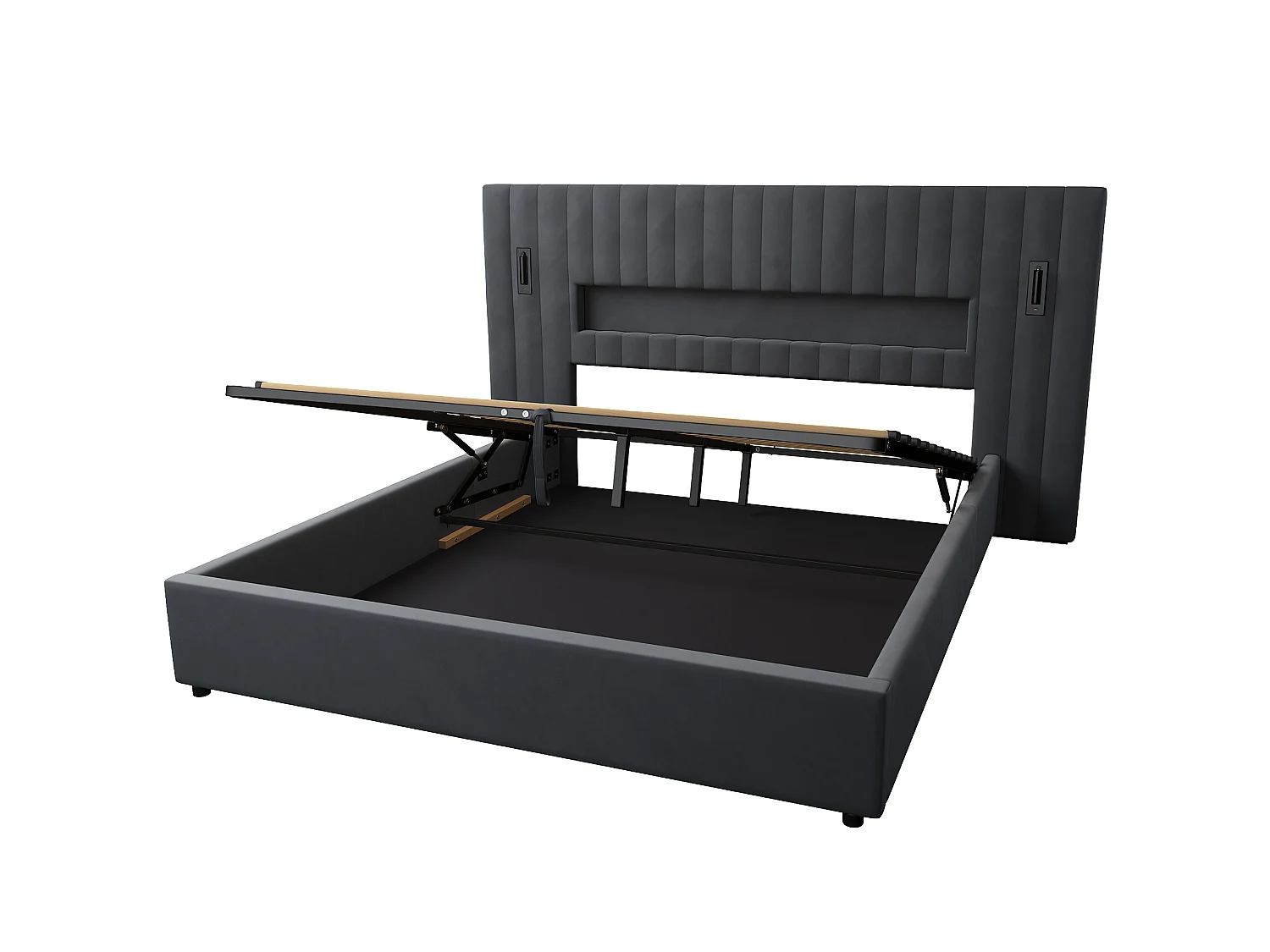 Letto contenitore 180 x 200 cm in velluto con luci da lettura e porte USB - Letto matrimoniale grigio