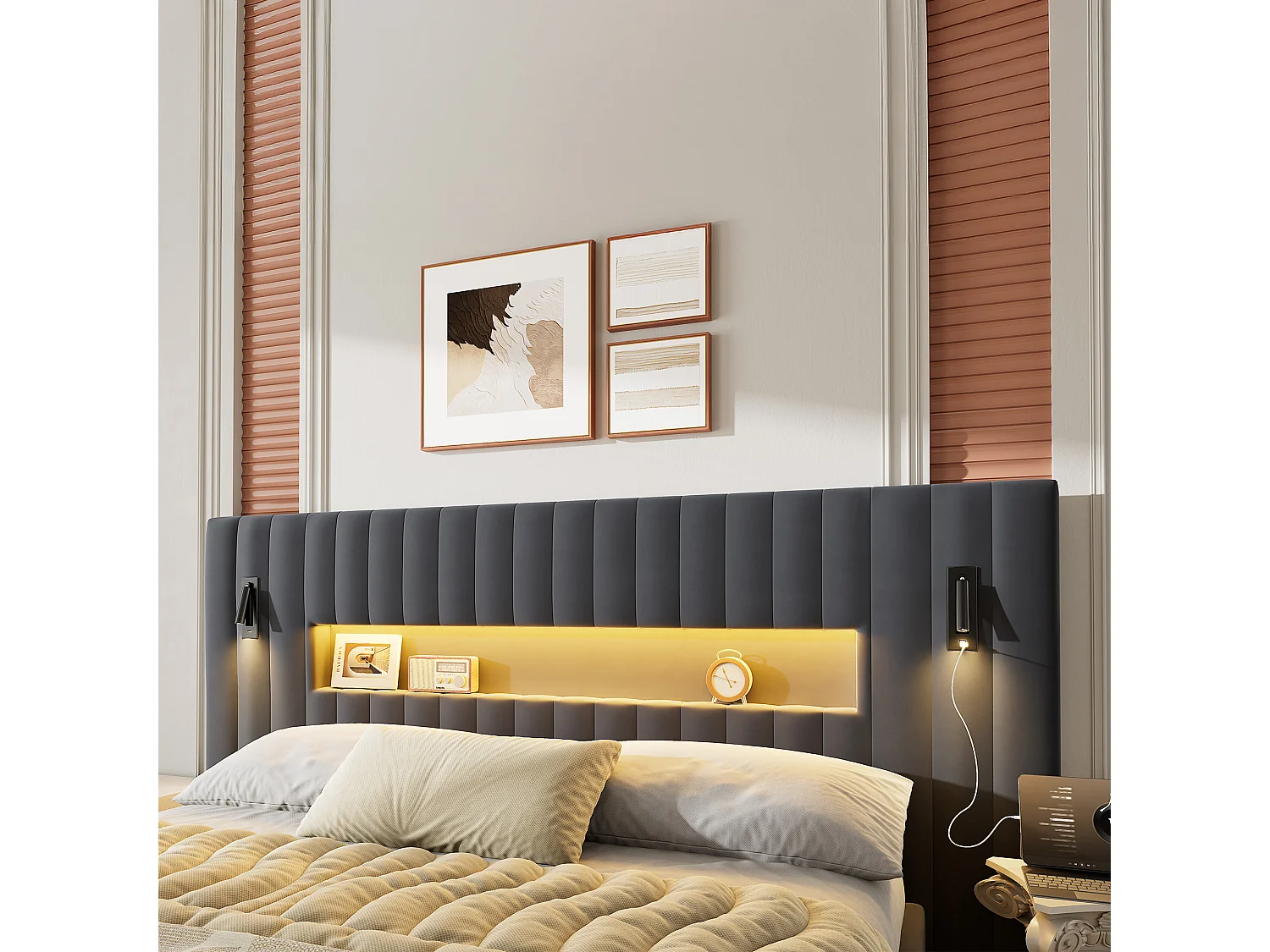 Letto contenitore 180 x 200 cm in velluto con luci da lettura e porte USB - Letto matrimoniale grigio