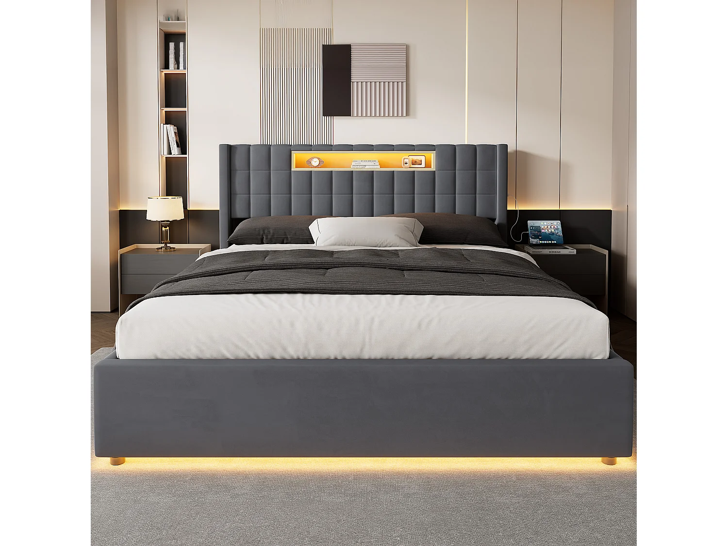 Letto contenitore matrimoniale 160x200 cm in velluto con LED e presa - Letto matrimoniale grigio scuro