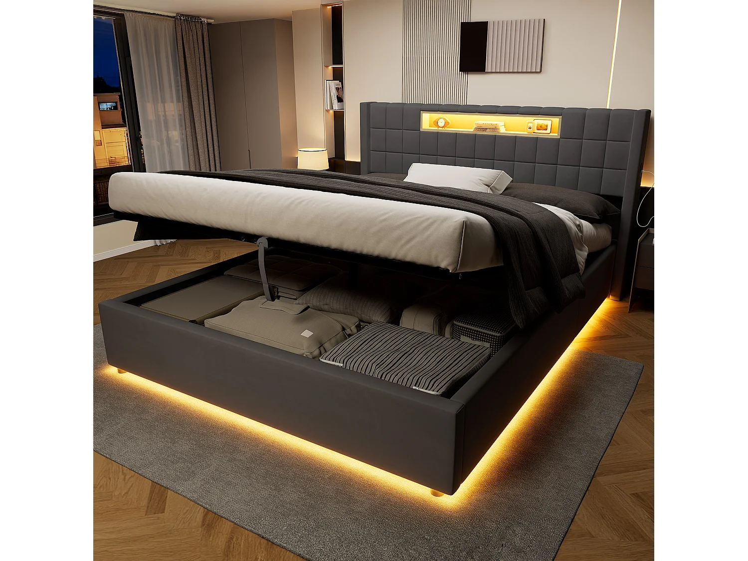 Letto contenitore matrimoniale 160x200 cm in velluto con LED e presa - Letto matrimoniale grigio scuro