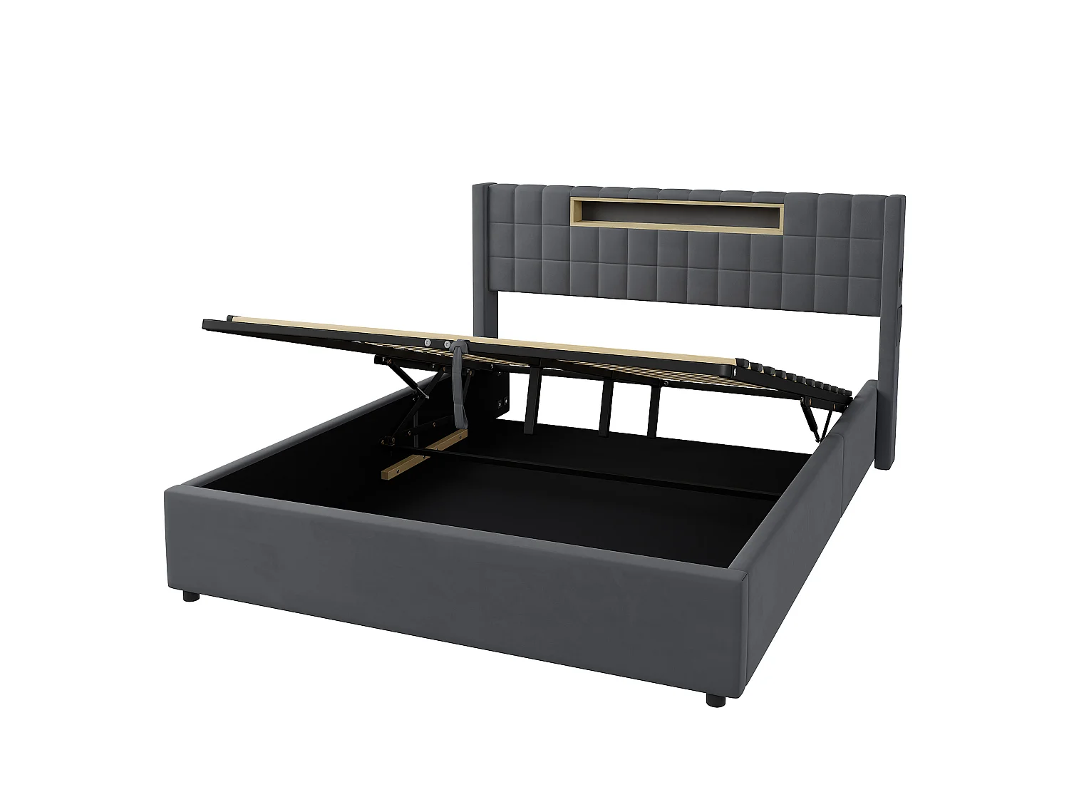 Letto contenitore matrimoniale 160x200 cm in velluto con LED e presa - Letto matrimoniale grigio scuro