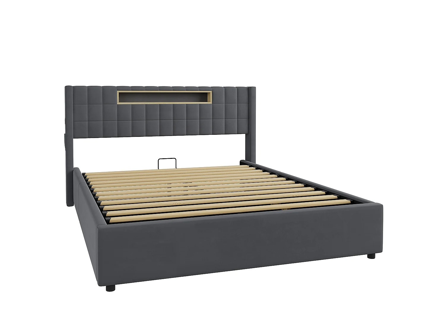 Letto contenitore matrimoniale 160x200 cm in velluto con LED e presa - Letto matrimoniale grigio scuro