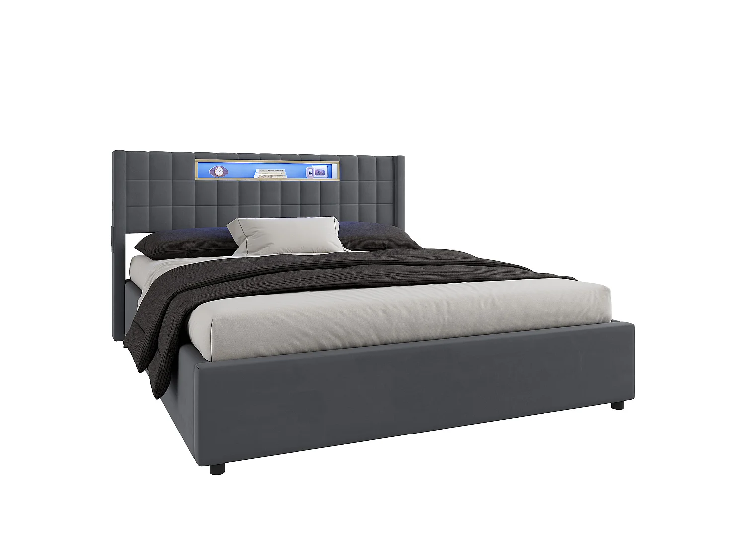 Letto contenitore matrimoniale 160x200 cm in velluto con LED e presa - Letto matrimoniale grigio scuro