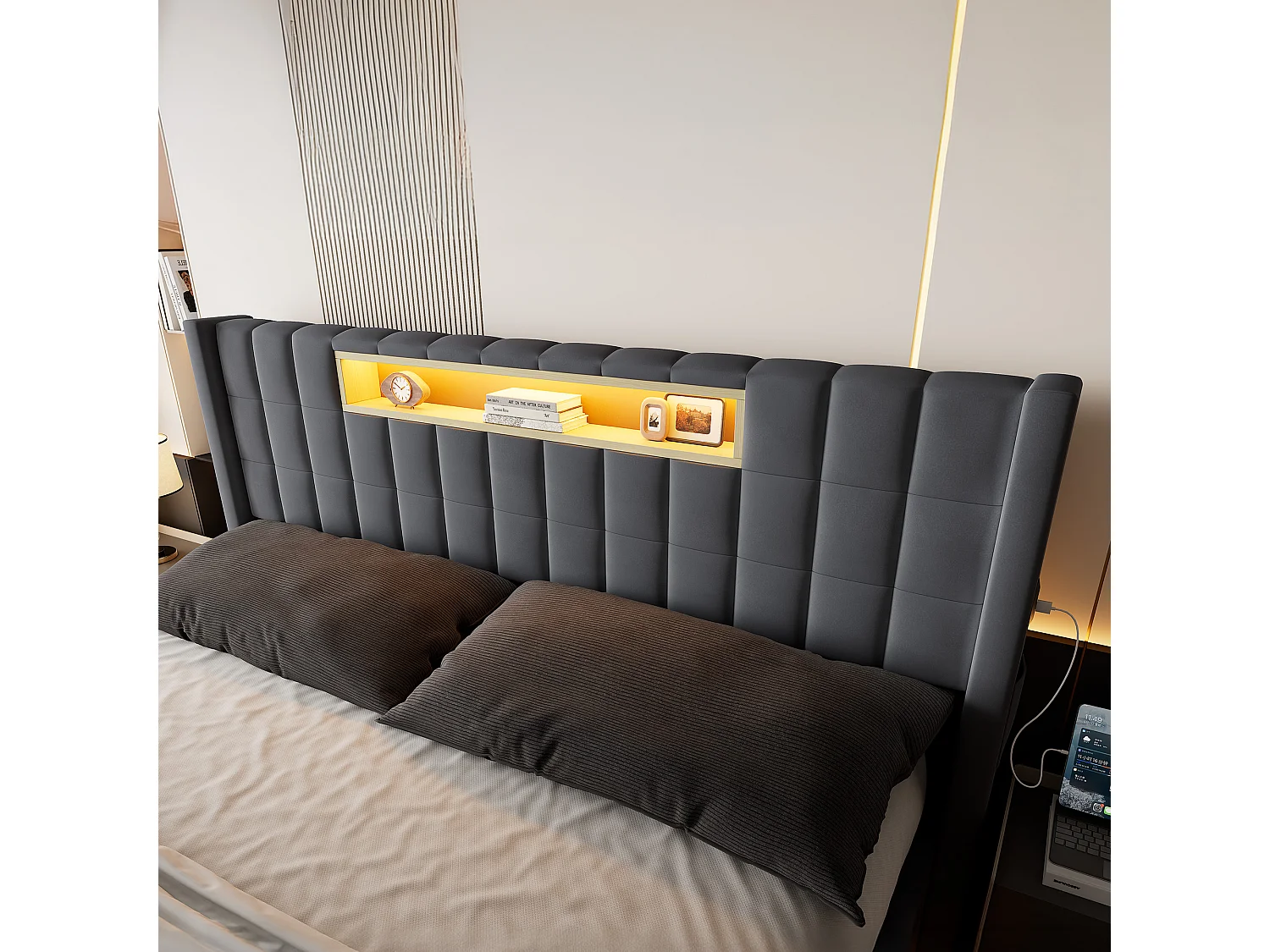 Letto contenitore matrimoniale 160x200 cm in velluto con LED e presa - Letto matrimoniale grigio scuro