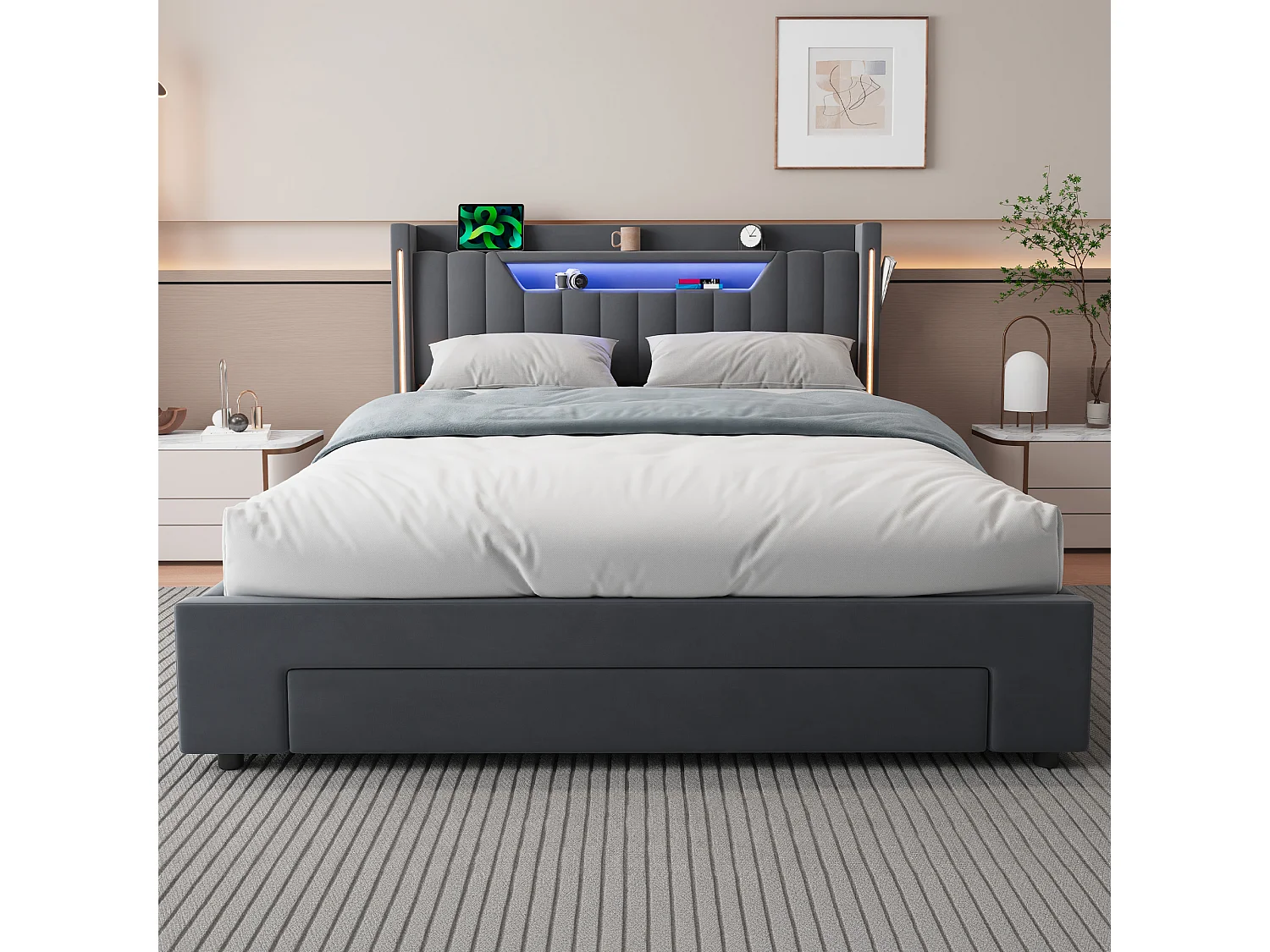 Letto contenitore 140x200 cm con cassetto e LED - Letto per adulti in velluto grigio