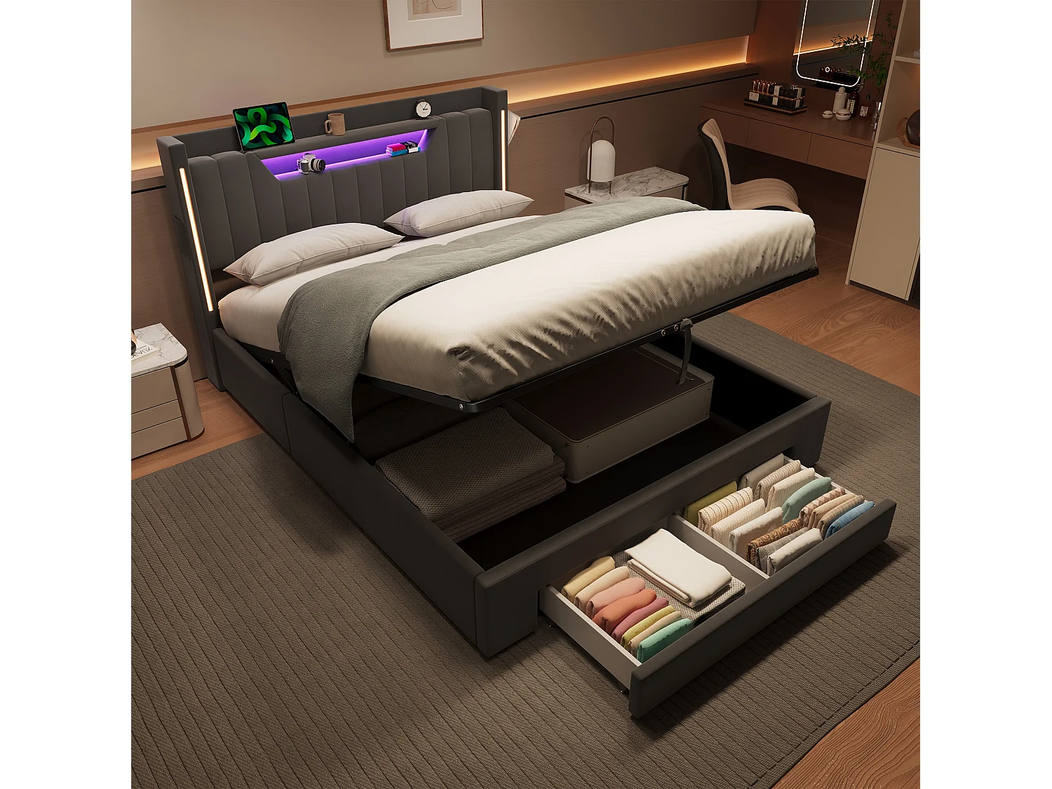 Letto contenitore 140x200 cm con cassetto e LED - Letto per adulti in velluto grigio