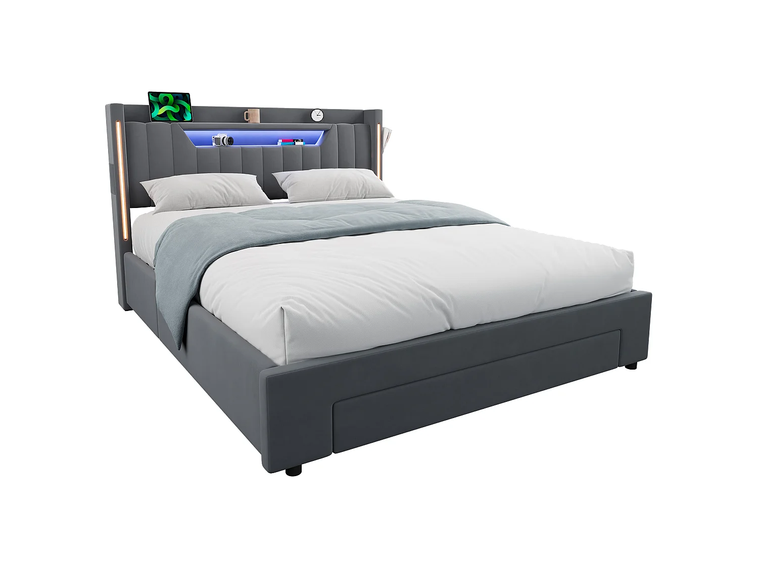 Letto contenitore 140x200 cm con cassetto e LED - Letto per adulti in velluto grigio