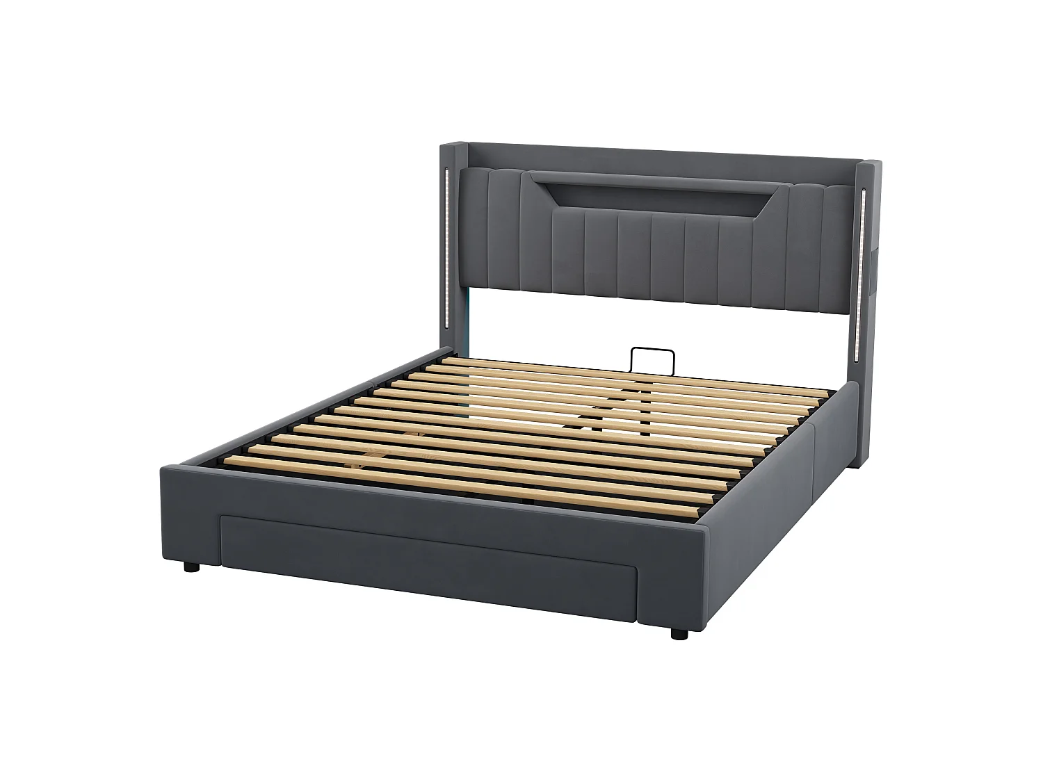 Letto contenitore 140x200 cm con cassetto e LED - Letto per adulti in velluto grigio
