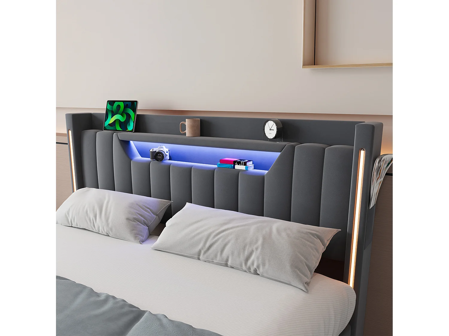 Letto contenitore 140x200 cm con cassetto e LED - Letto per adulti in velluto grigio