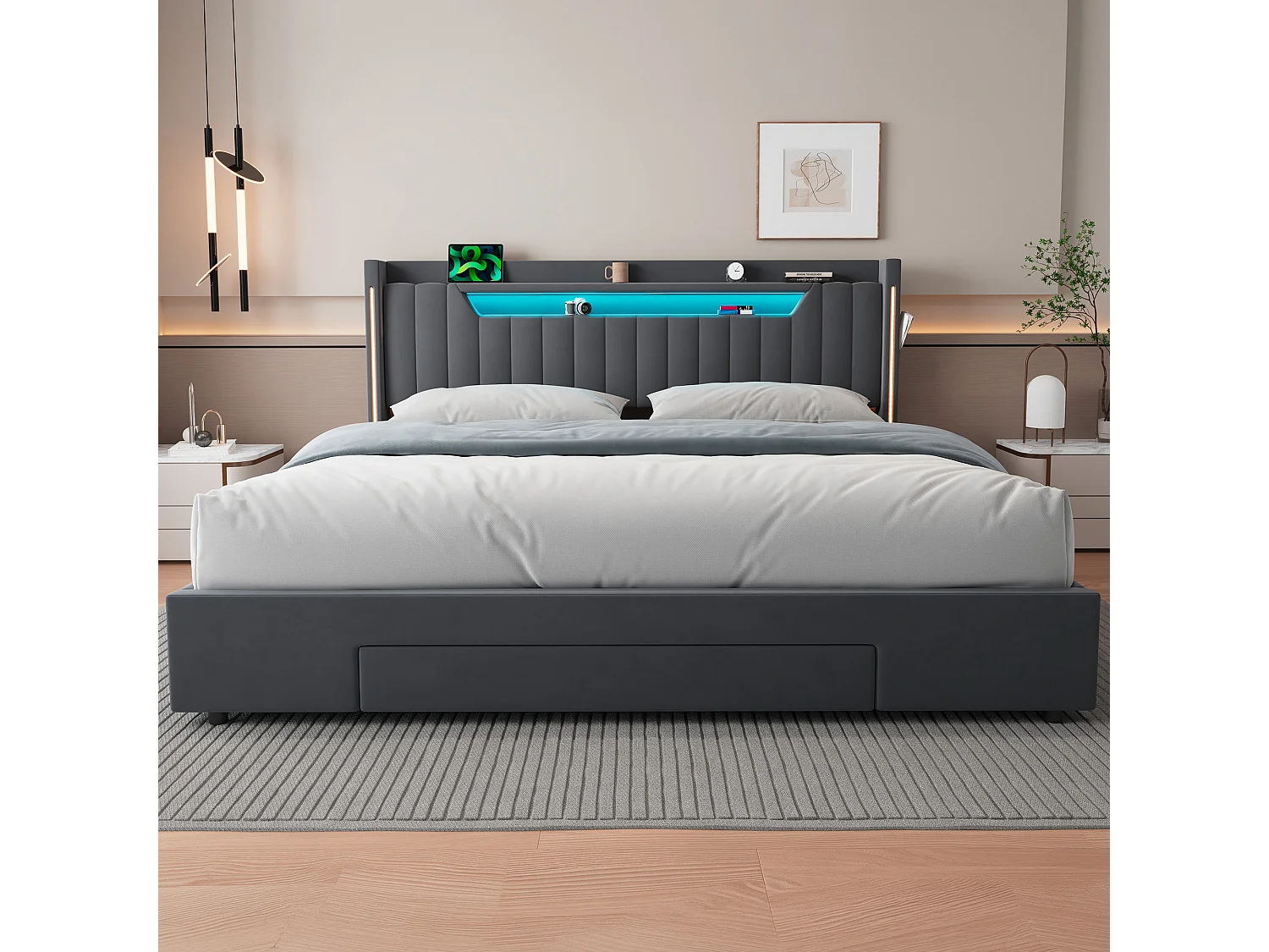 Letto contenitore 180x200 cm con cassetto e LED - Letto matrimoniale in velluto grigio