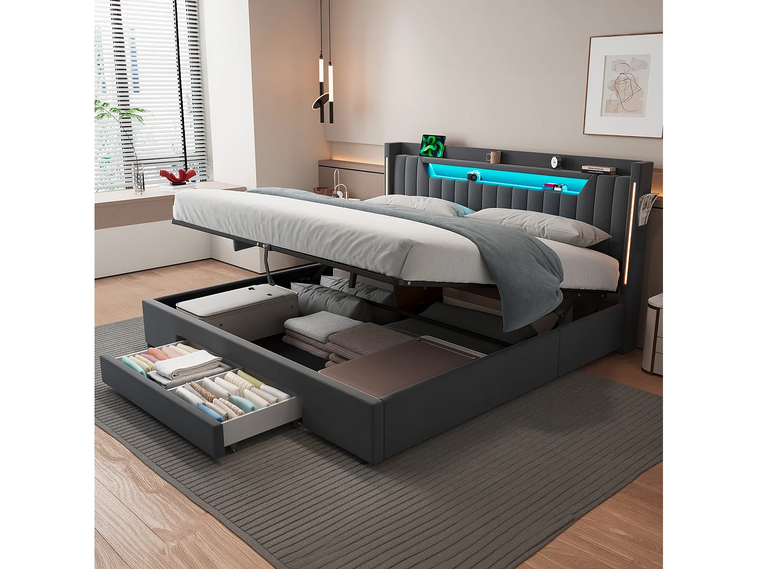 Letto contenitore 180x200 cm con cassetto e LED - Letto matrimoniale in velluto grigio