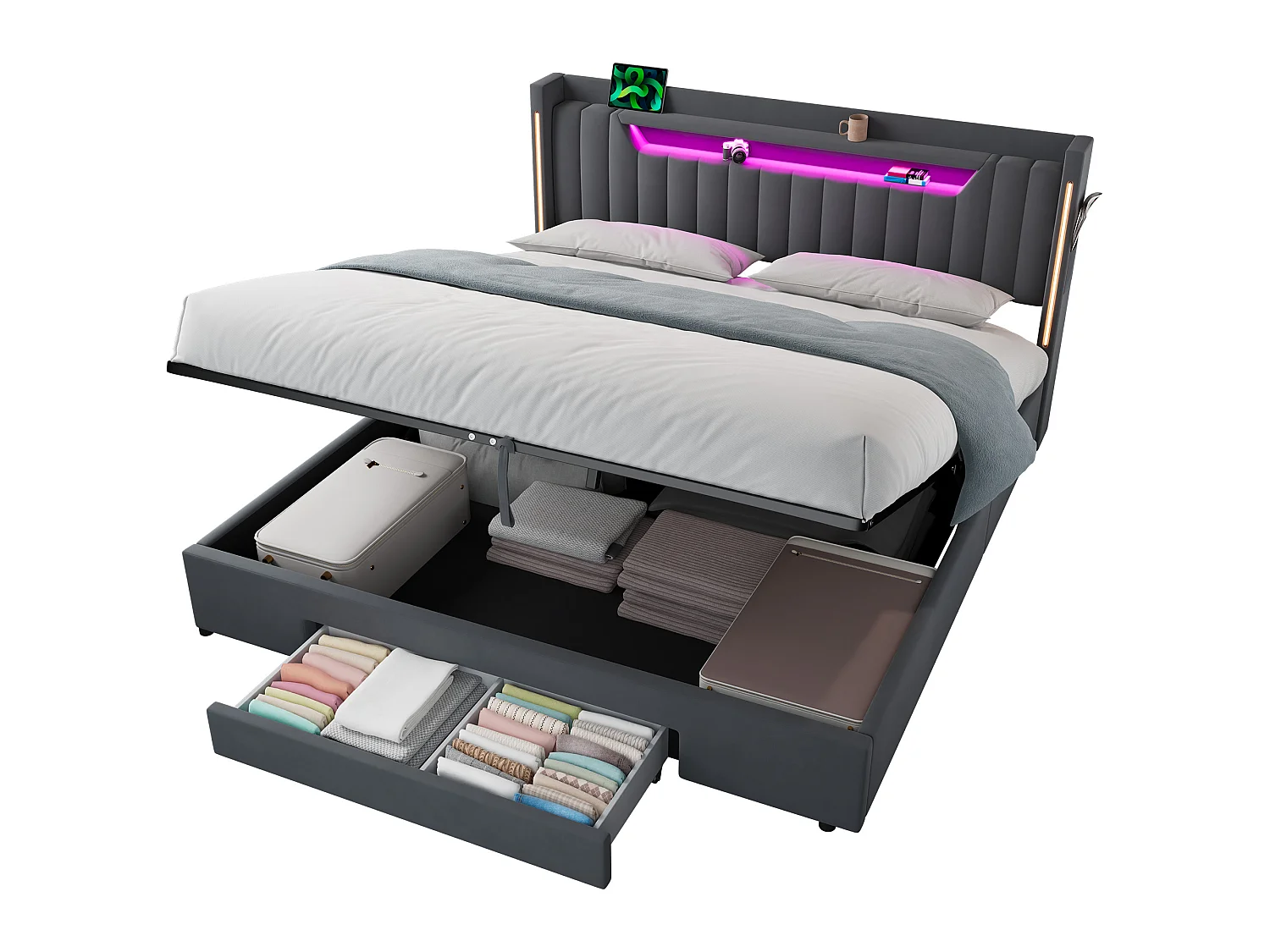 Letto contenitore 180x200 cm con cassetto e LED - Letto matrimoniale in velluto grigio