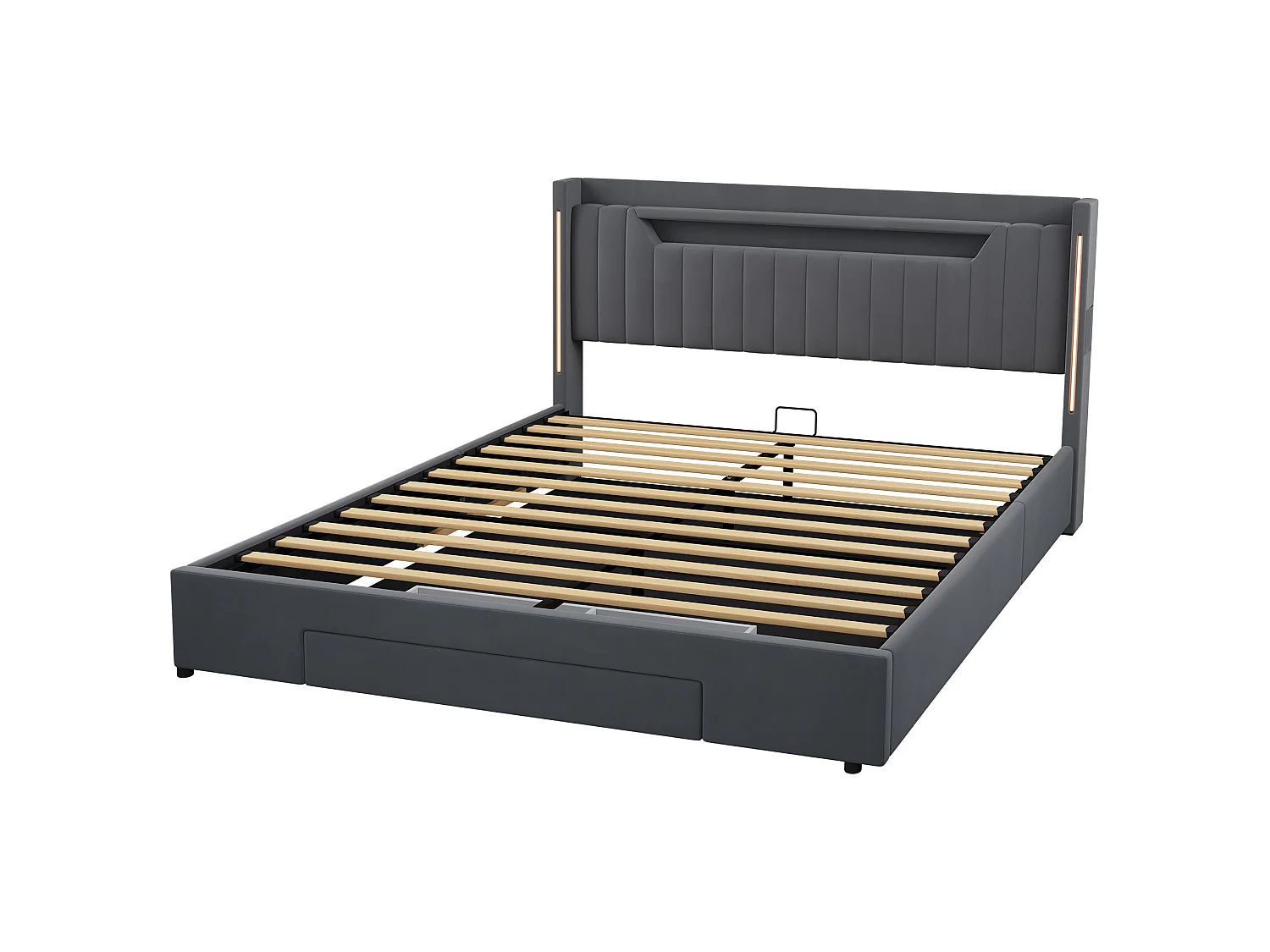 Letto contenitore 180x200 cm con cassetto e LED - Letto matrimoniale in velluto grigio