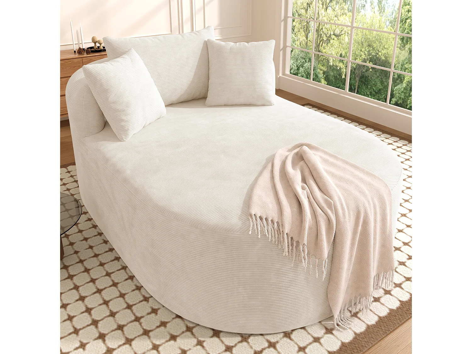 Méridienne compressé ovale 170x112.5 cm en velours côtelé - Beige clair