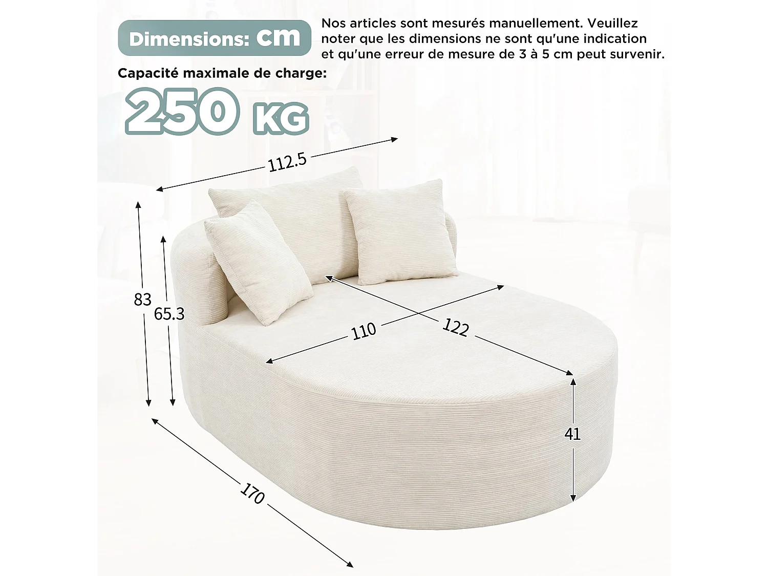 Méridienne compressé ovale 170x112.5 cm en velours côtelé - Beige clair