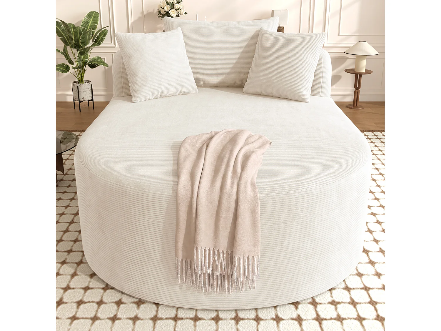 Méridienne compressé ovale 170x112.5 cm en velours côtelé - Beige clair
