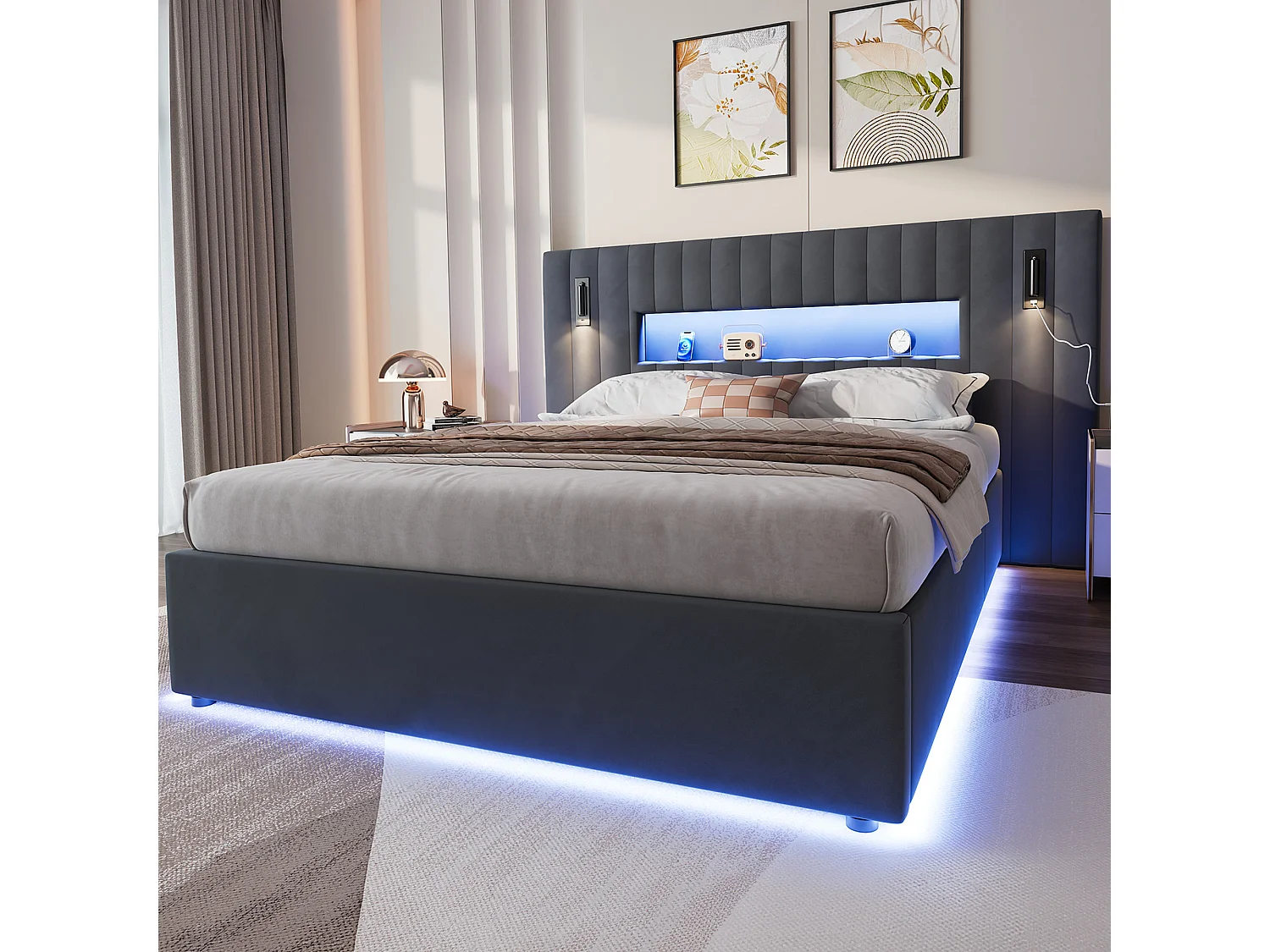 Letto contenitore 140 x 200 cm in velluto con luci da lettura e porte USB - Letto grigio