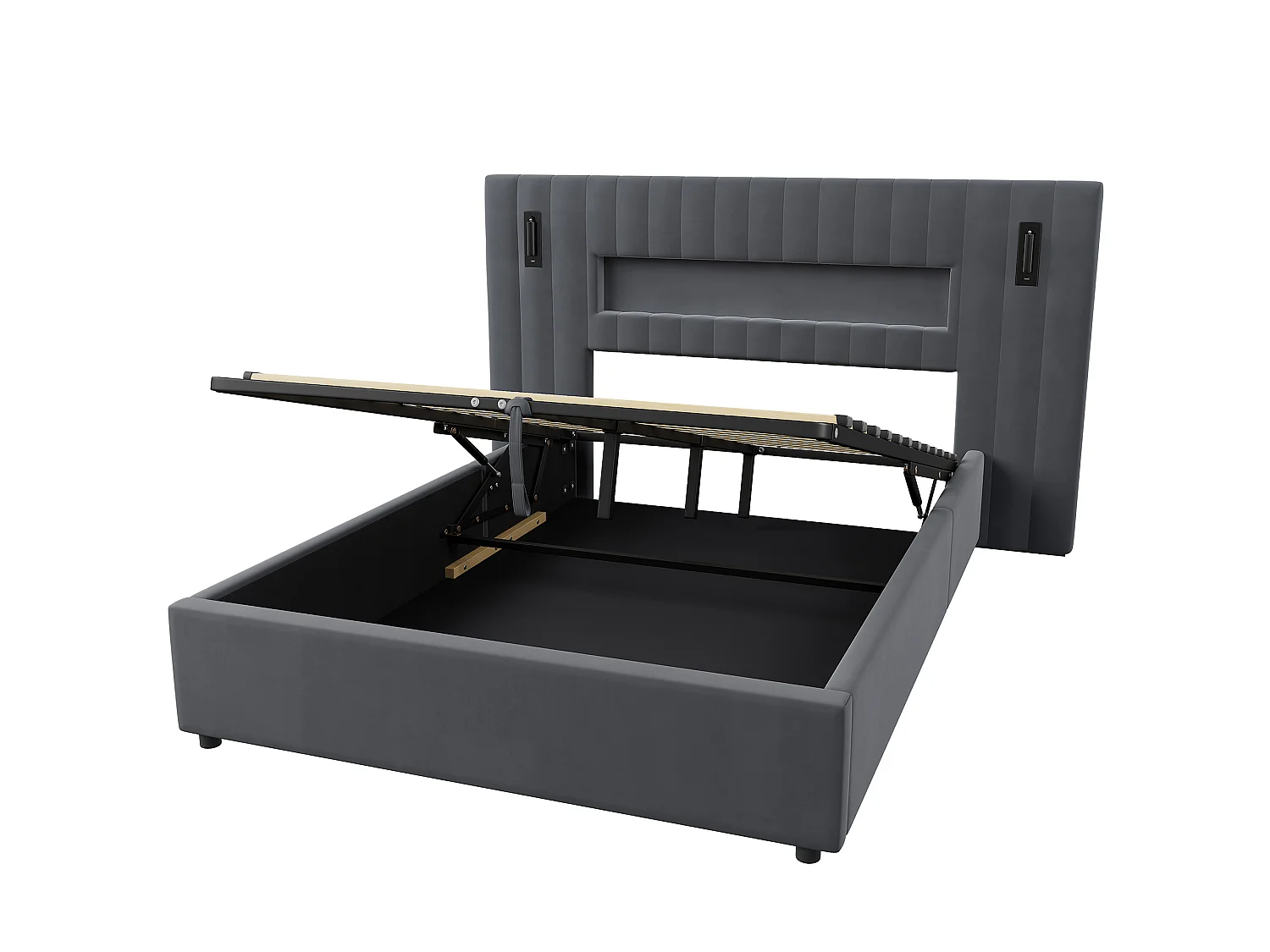 Letto contenitore 140 x 200 cm in velluto con luci da lettura e porte USB - Letto grigio