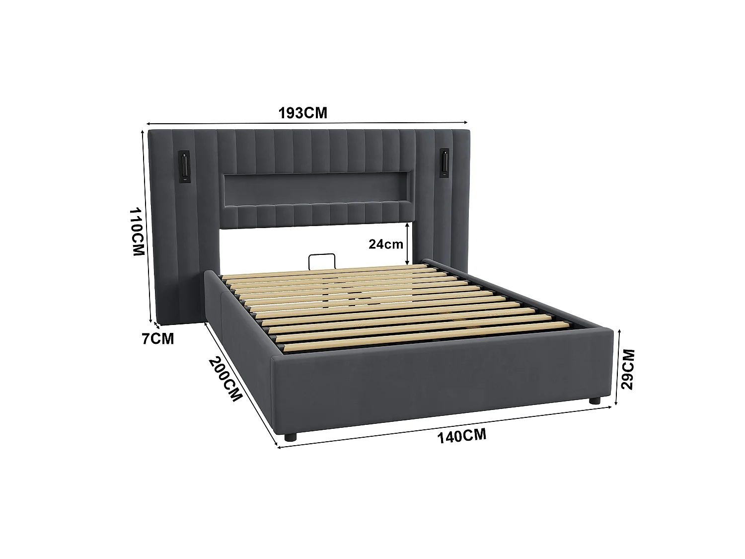 Letto contenitore 140 x 200 cm in velluto con luci da lettura e porte USB - Letto grigio