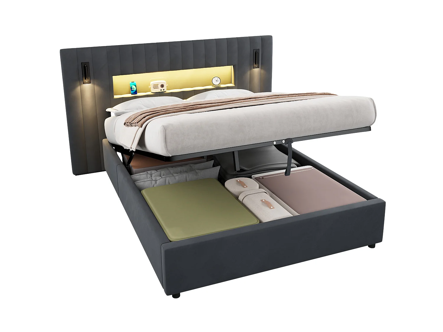 Letto contenitore 140 x 200 cm in velluto con luci da lettura e porte USB - Letto grigio