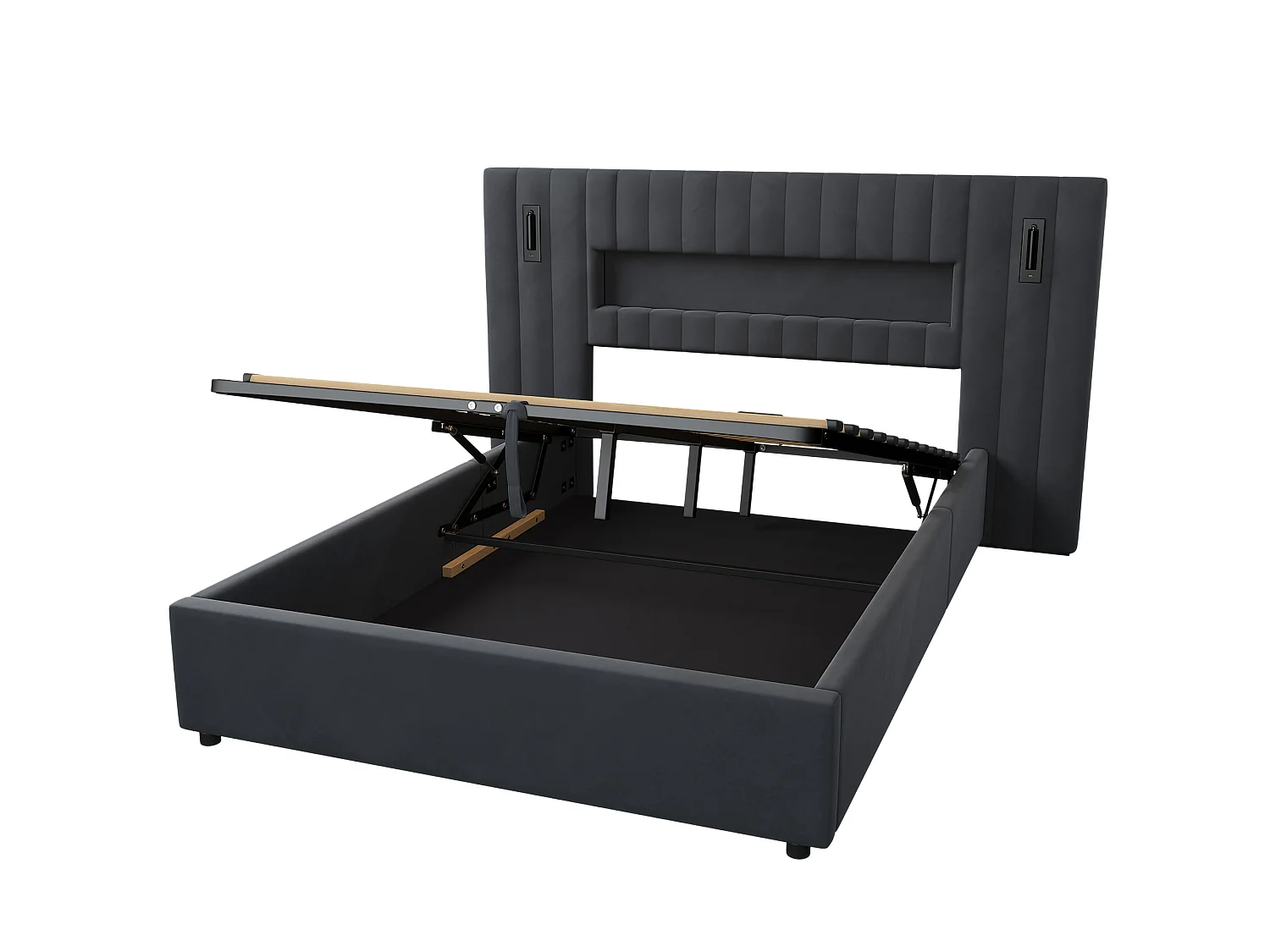 Letto contenitore 140 x 200 cm in velluto con luci da lettura e porte USB - Letto grigio