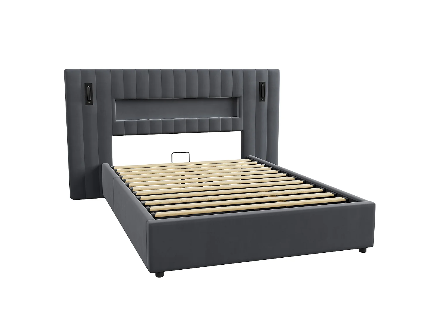 Letto contenitore 140 x 200 cm in velluto con luci da lettura e porte USB - Letto grigio