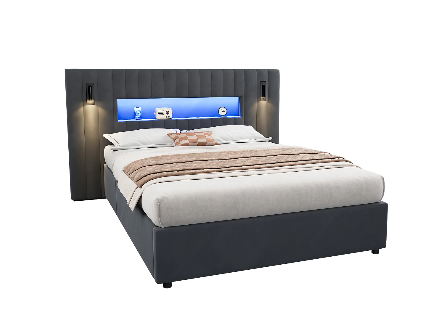 Letto contenitore 140 x 200 cm in velluto con luci da lettura e porte USB - Letto grigio