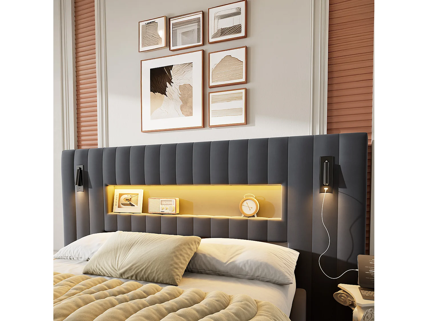 Letto contenitore 140 x 200 cm in velluto con luci da lettura e porte USB - Letto grigio