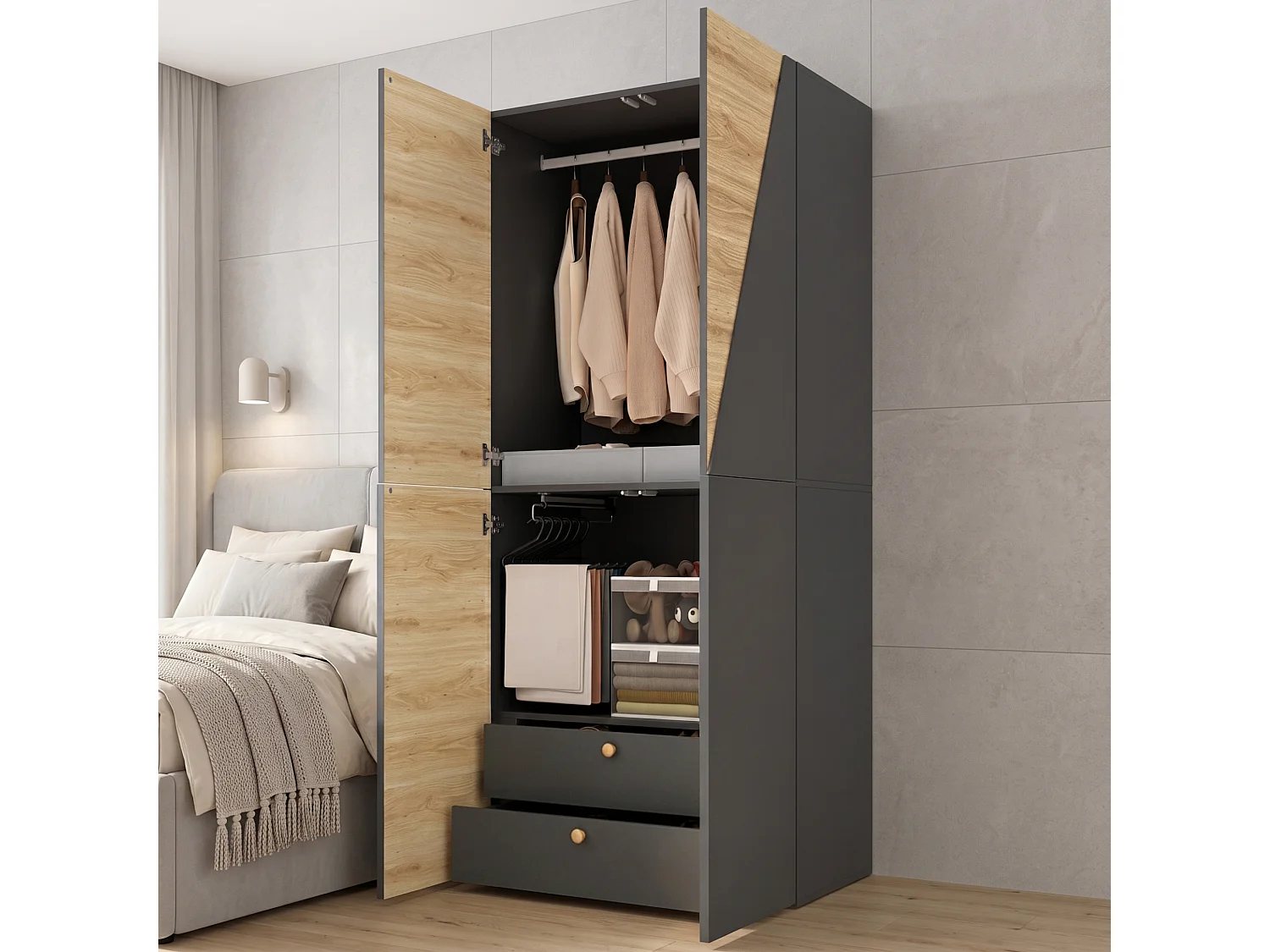 Armoire avec 1 porte-pantalons et 2 tiroirs - Couleur bois et gris