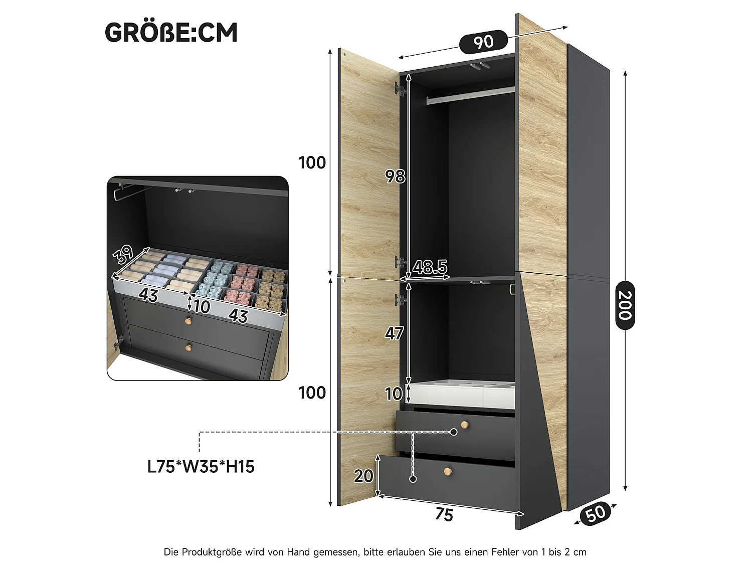 Armoire avec 1 porte-pantalons et 2 tiroirs - Couleur bois et gris