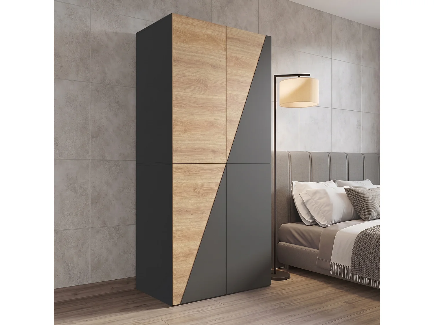 Armoire avec 1 porte-pantalons et 2 tiroirs - Couleur bois et gris