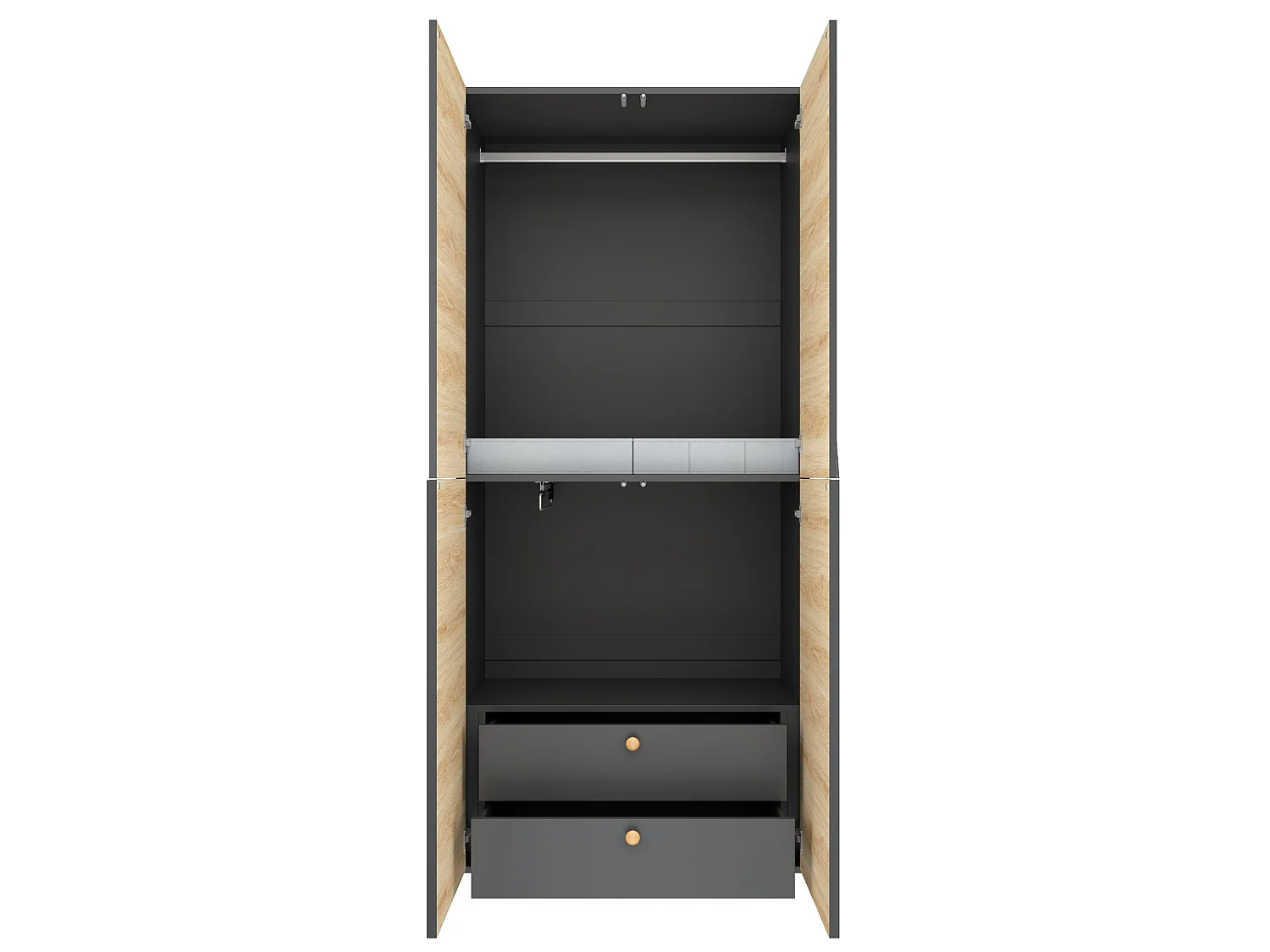 Armoire avec 1 porte-pantalons et 2 tiroirs - Couleur bois et gris