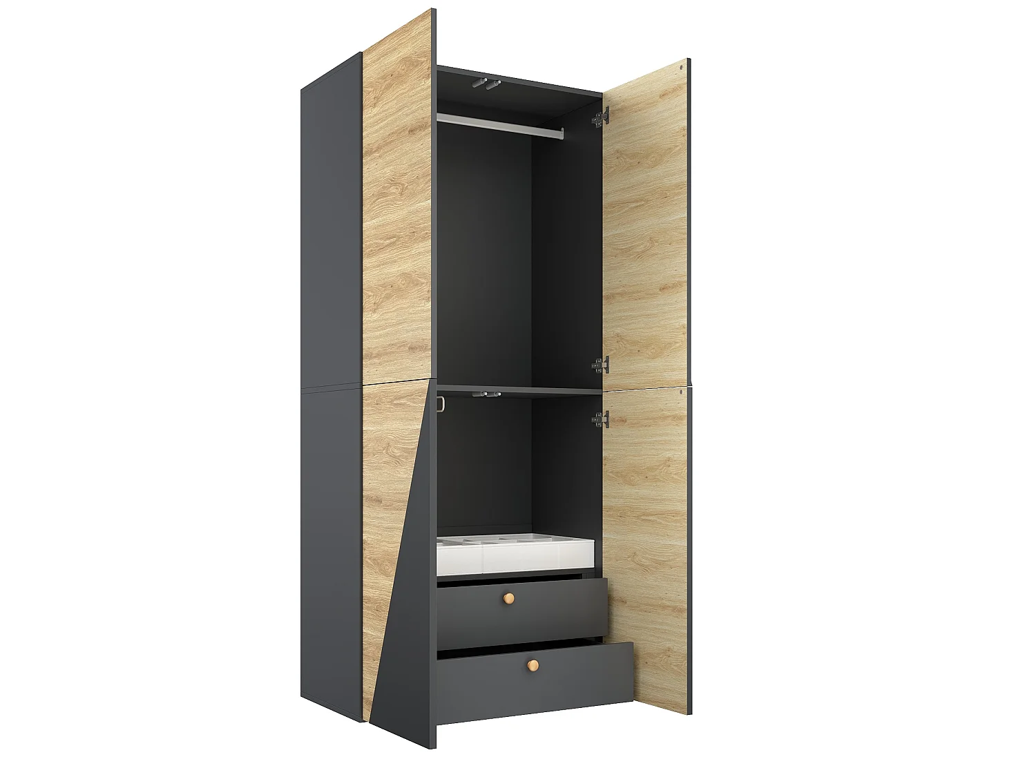 Armoire avec 1 porte-pantalons et 2 tiroirs - Couleur bois et gris