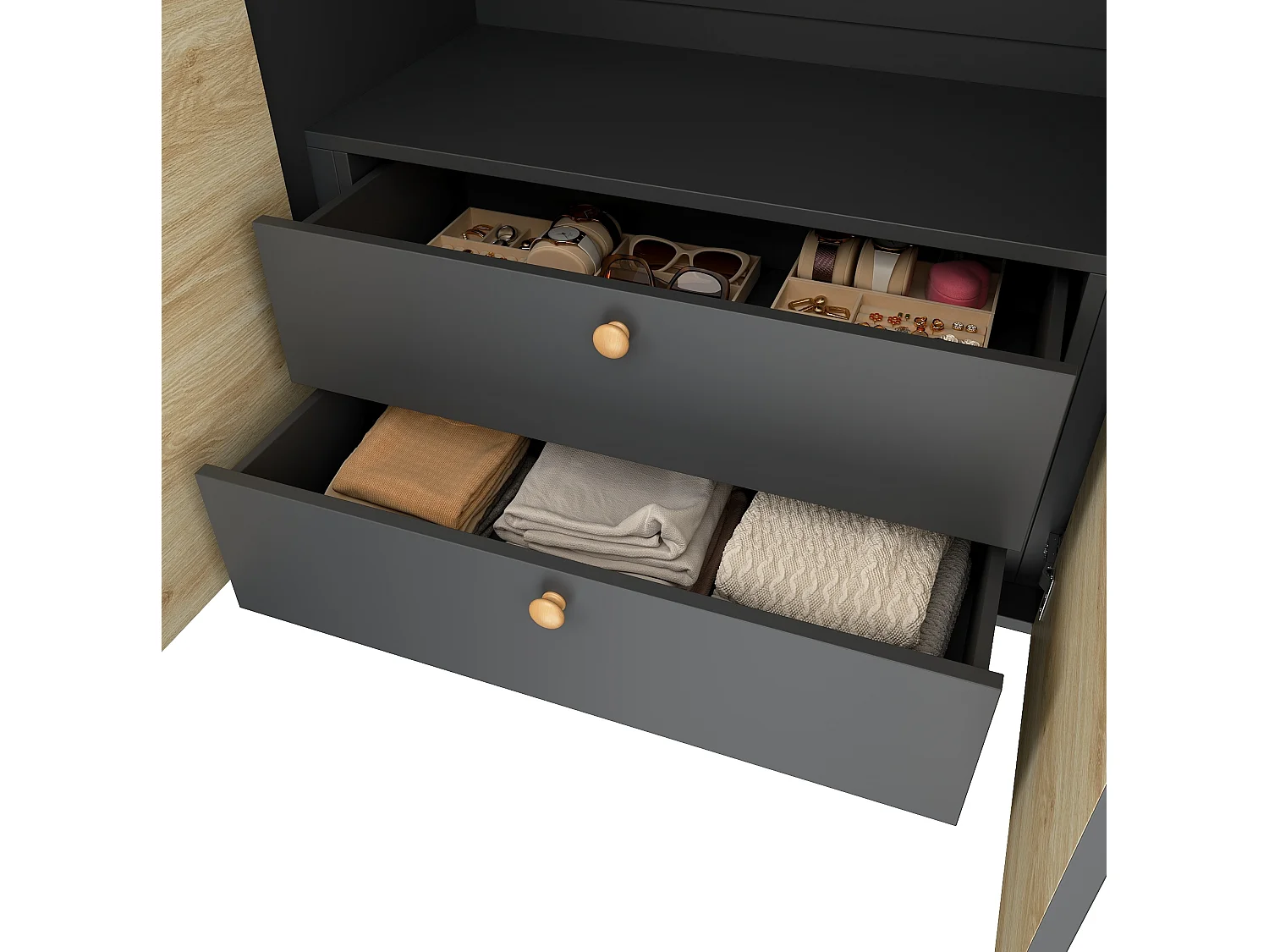 Armoire avec 1 porte-pantalons et 2 tiroirs - Couleur bois et gris