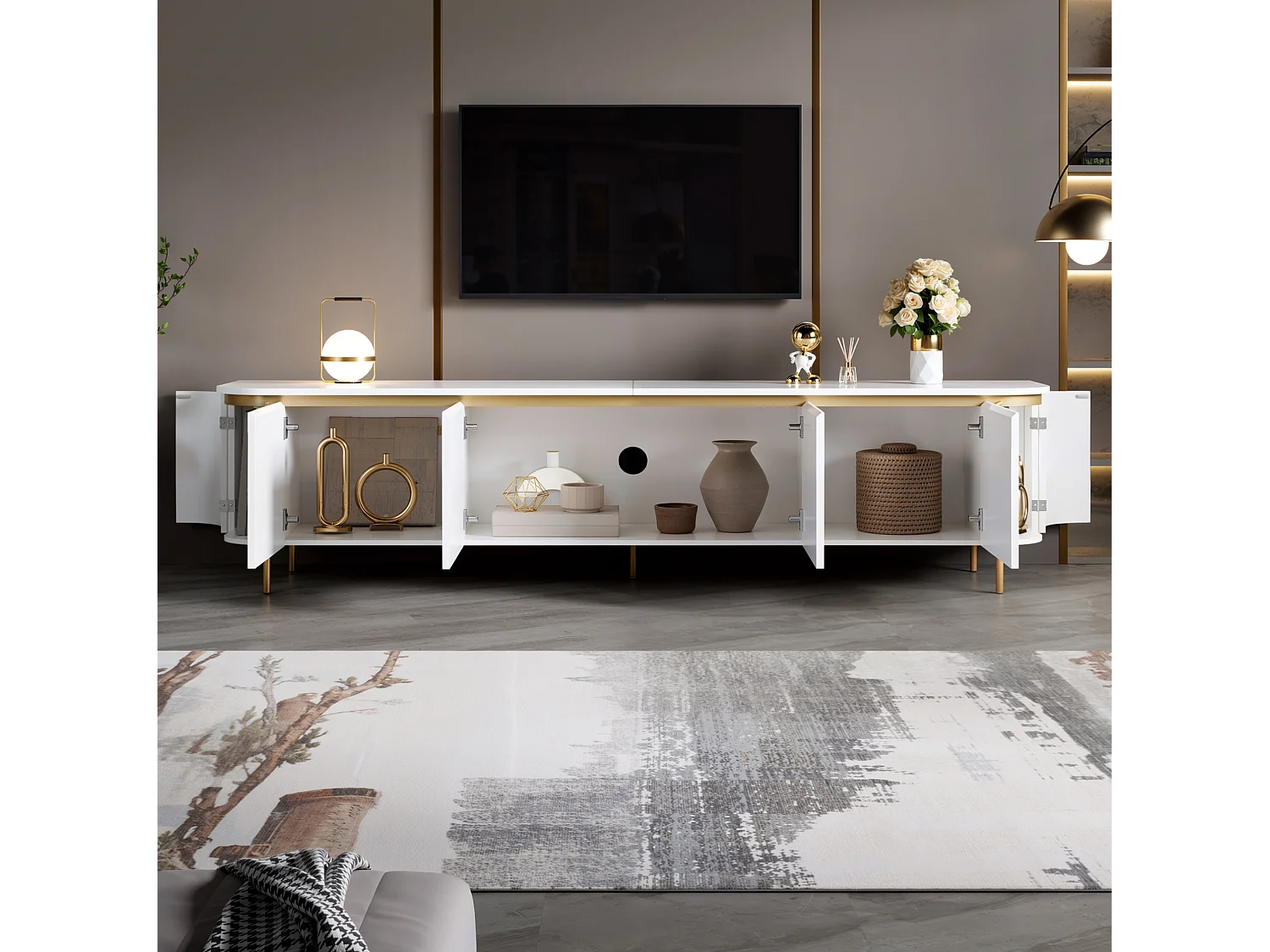 Meuble TV avec 6 portes et gestion des câbles - MDF et métal - Blanc