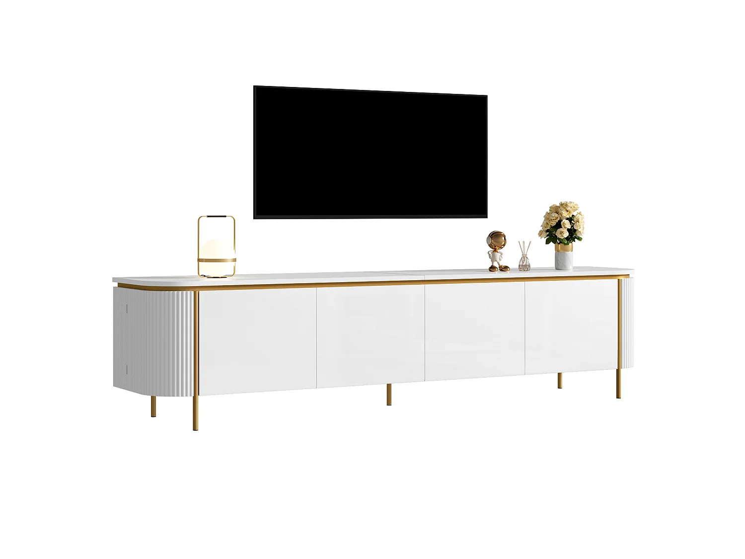 Meuble TV avec 6 portes et gestion des câbles - MDF et métal - Blanc