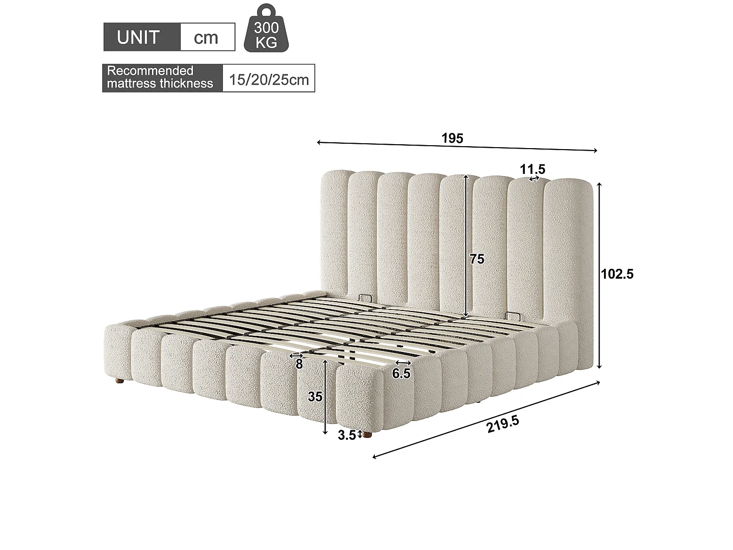 Lit coffre double adulte 180 x 200 cm en tissu bouclé - Blanc