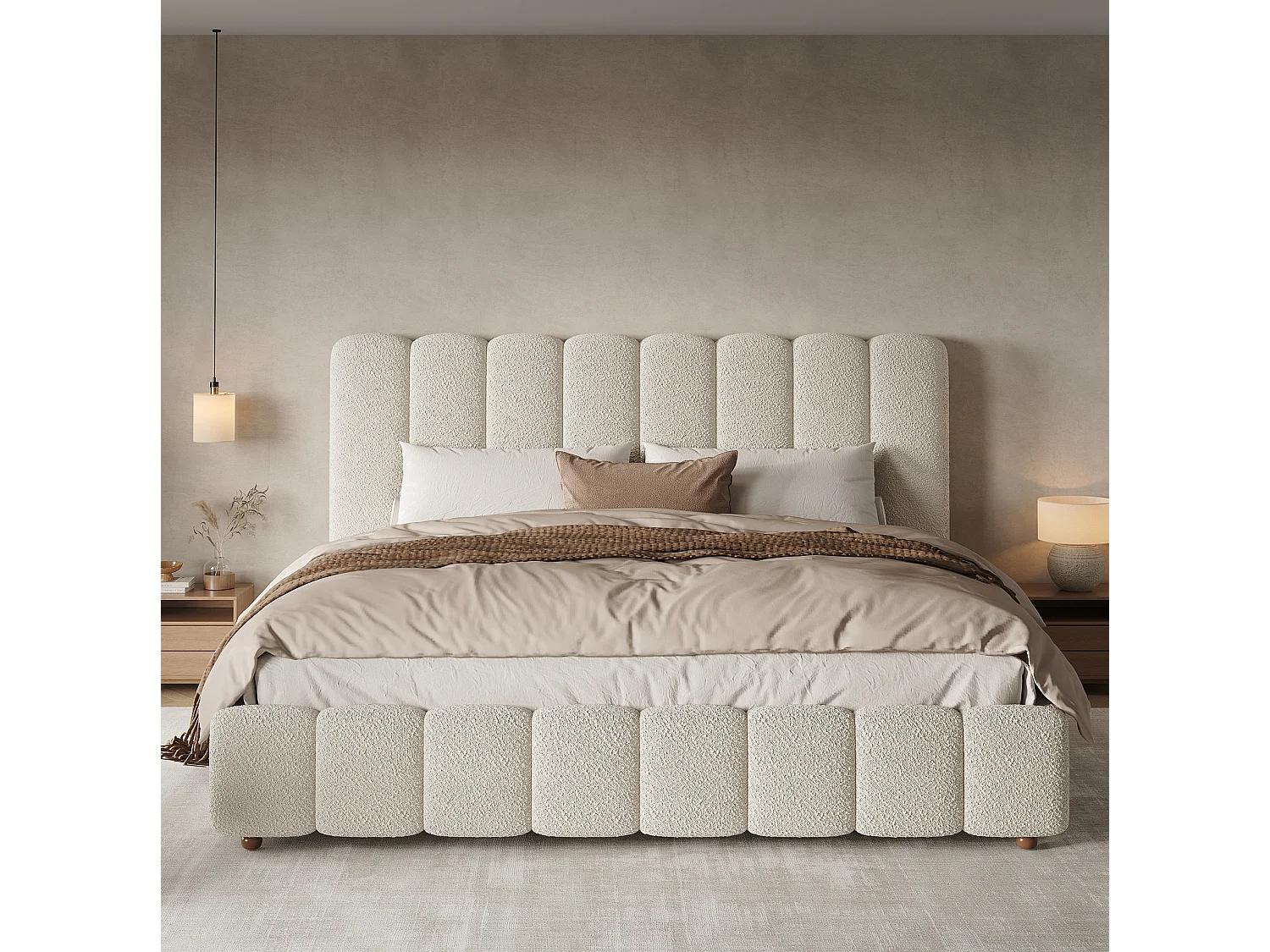Lit coffre double adulte 180 x 200 cm en tissu bouclé - Blanc