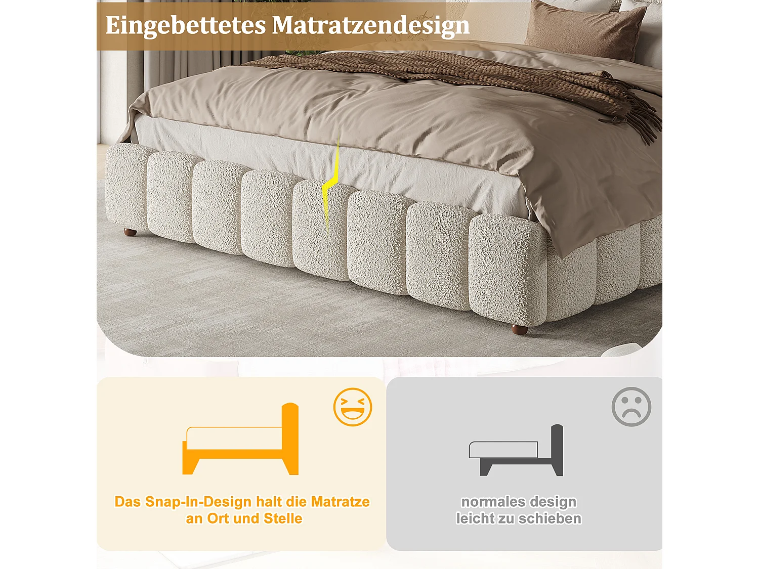 Lit coffre double adulte 180 x 200 cm en tissu bouclé - Blanc