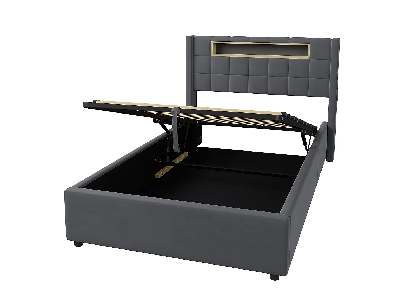 Letto contenitore 90x200 cm in velluto con LED e presa - Letto matrimoniale/singolo grigio scuro
