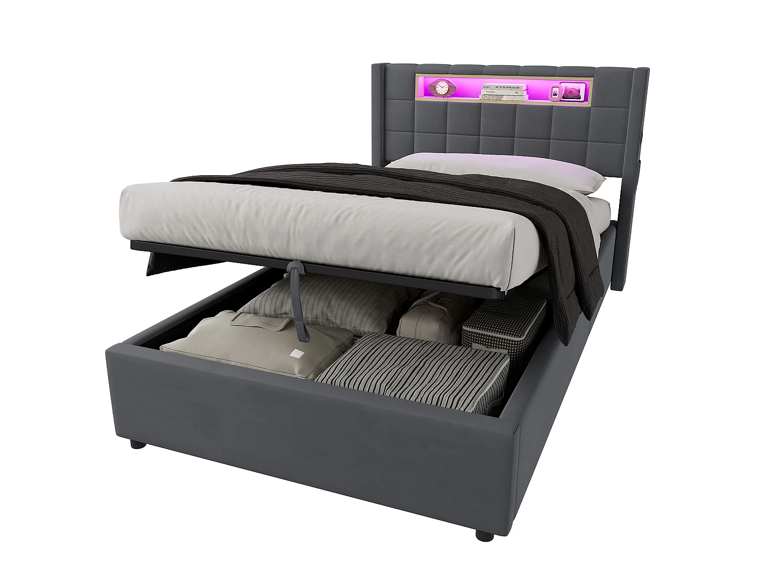 Letto contenitore 90x200 cm in velluto con LED e presa - Letto matrimoniale/singolo grigio scuro