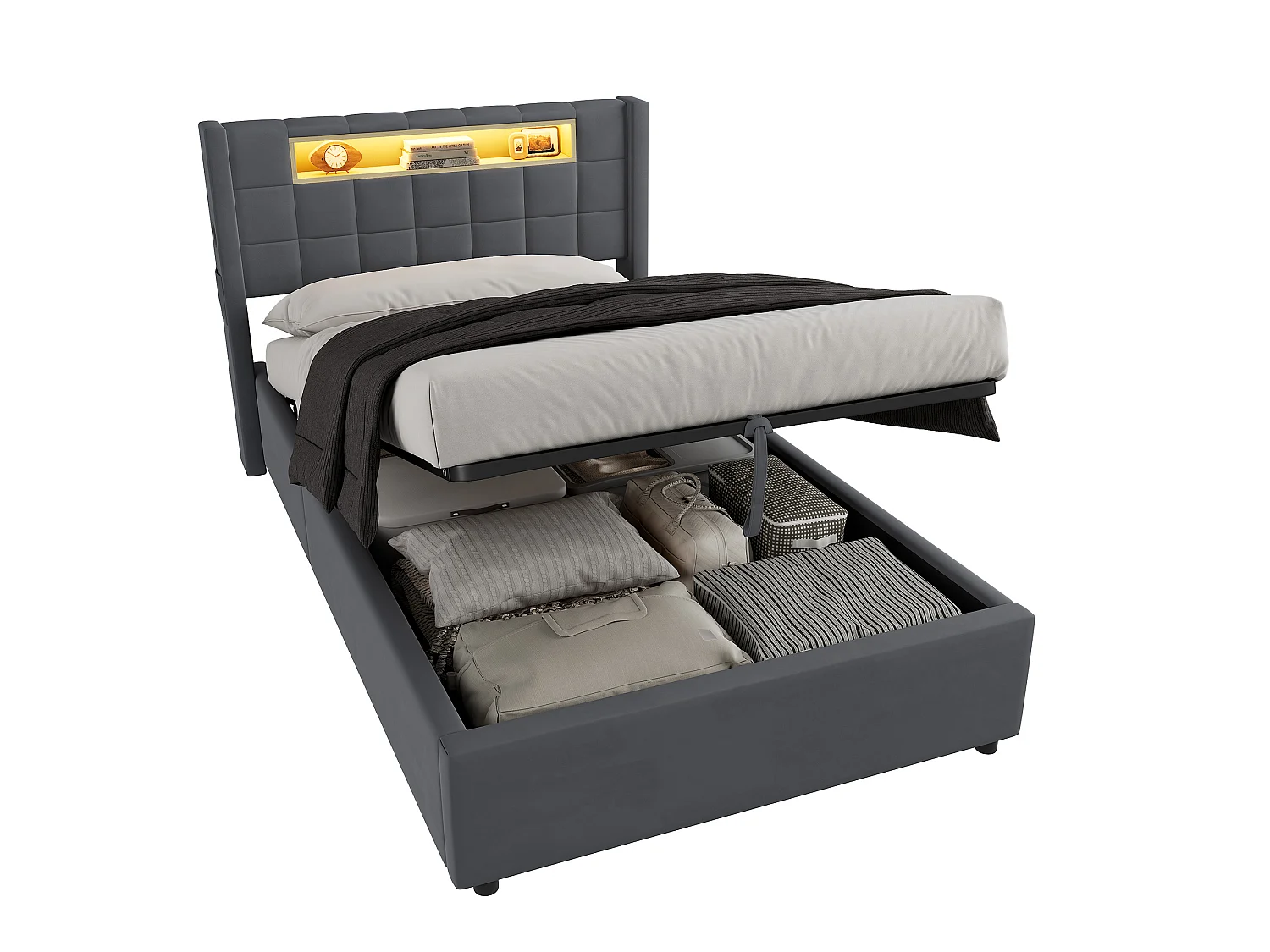 Letto contenitore 90x200 cm in velluto con LED e presa - Letto matrimoniale/singolo grigio scuro