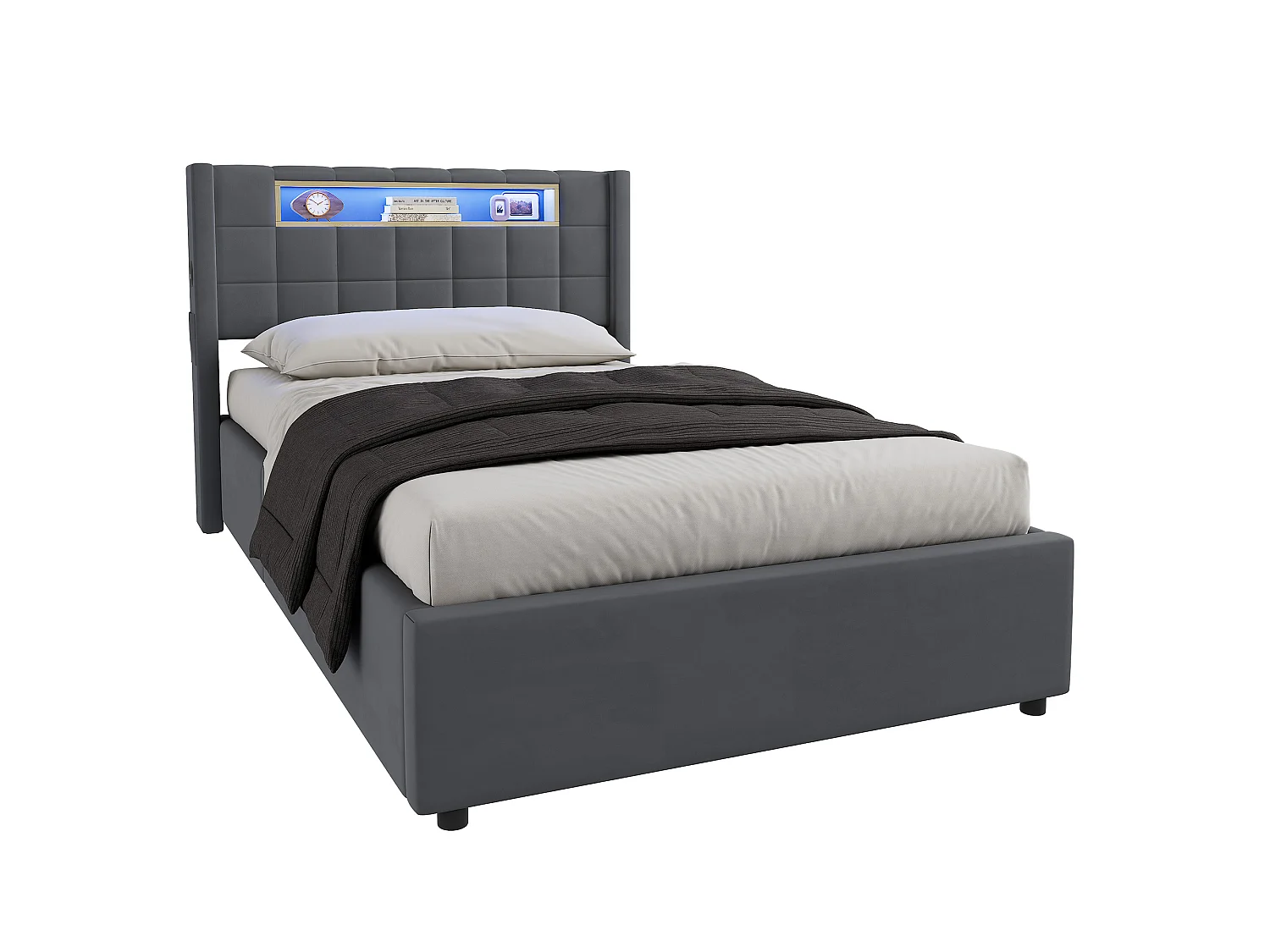 Letto contenitore 90x200 cm in velluto con LED e presa - Letto matrimoniale/singolo grigio scuro