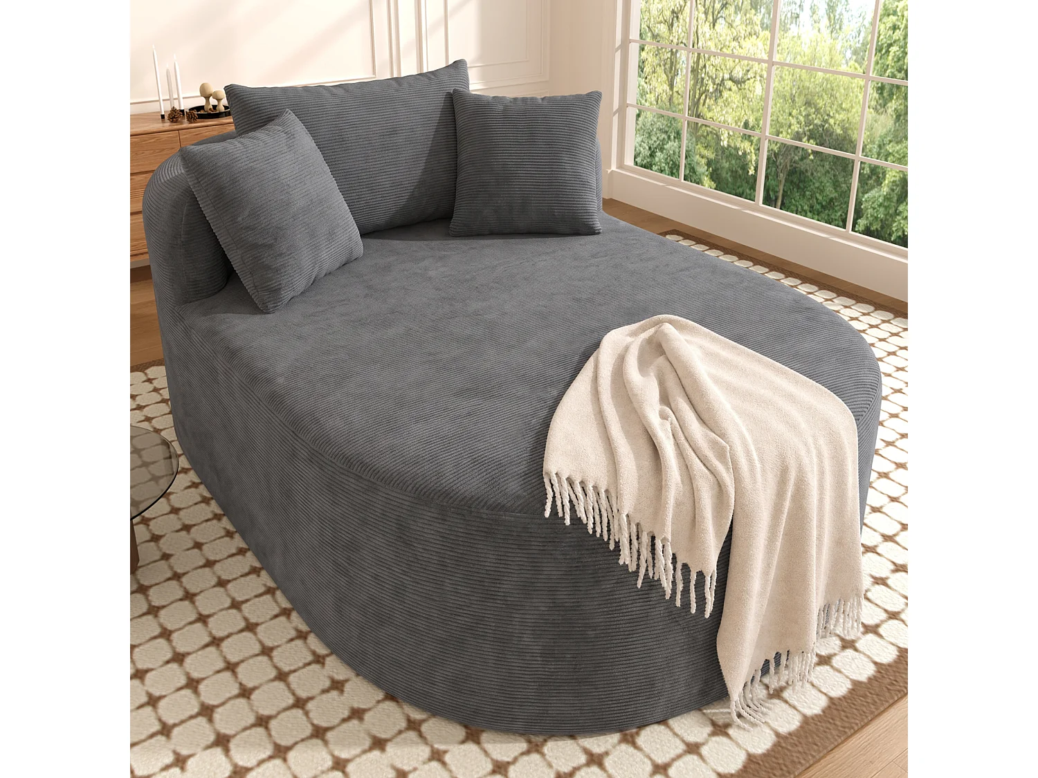Méridienne compressé ovale 170x112.5 cm en velours côtelé - Gris